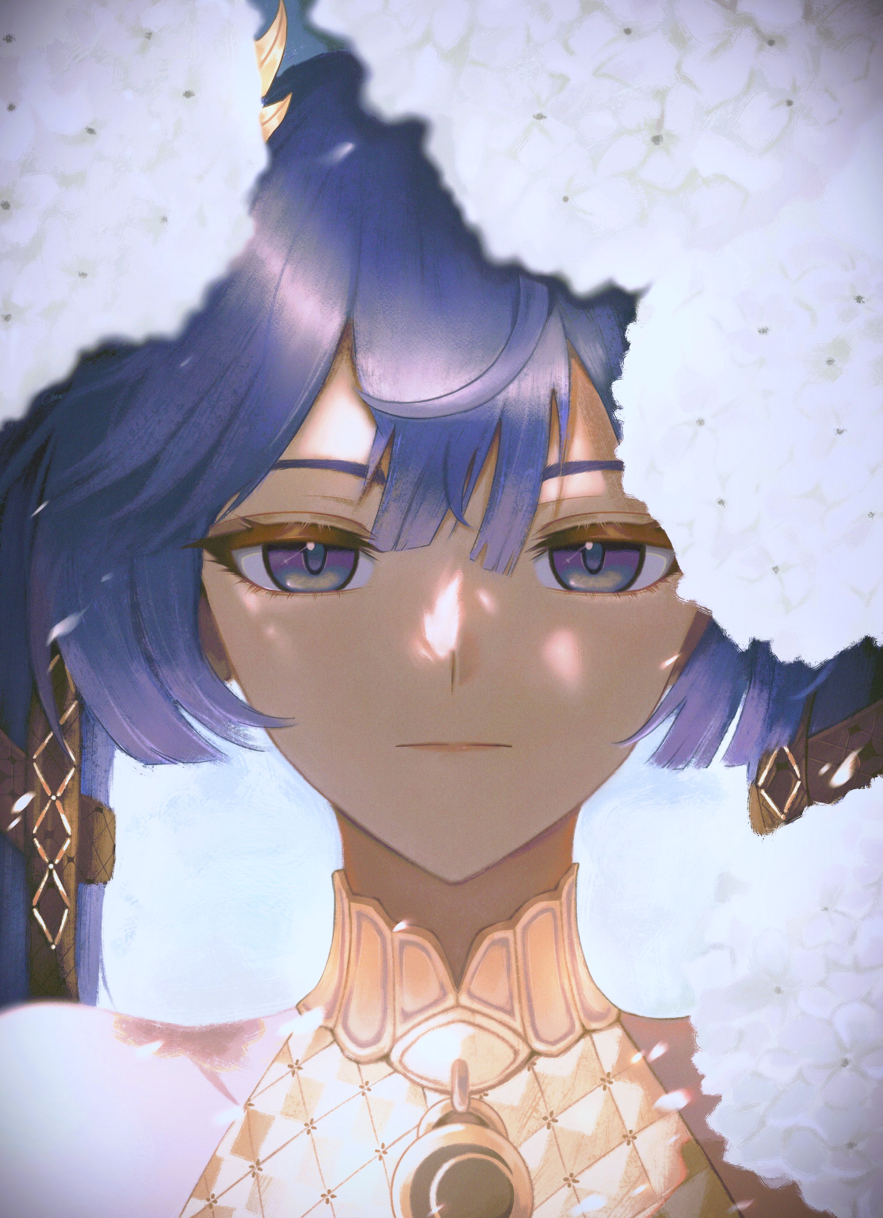 cheseu, iuno (wuthering waves), wuthering waves, absurdres, commentary, highres, 1girl, bare shoulders, blue eyes, blue hair, closed mouth, hair belt, long hair, looking at viewer, portrait, solo, straight-on