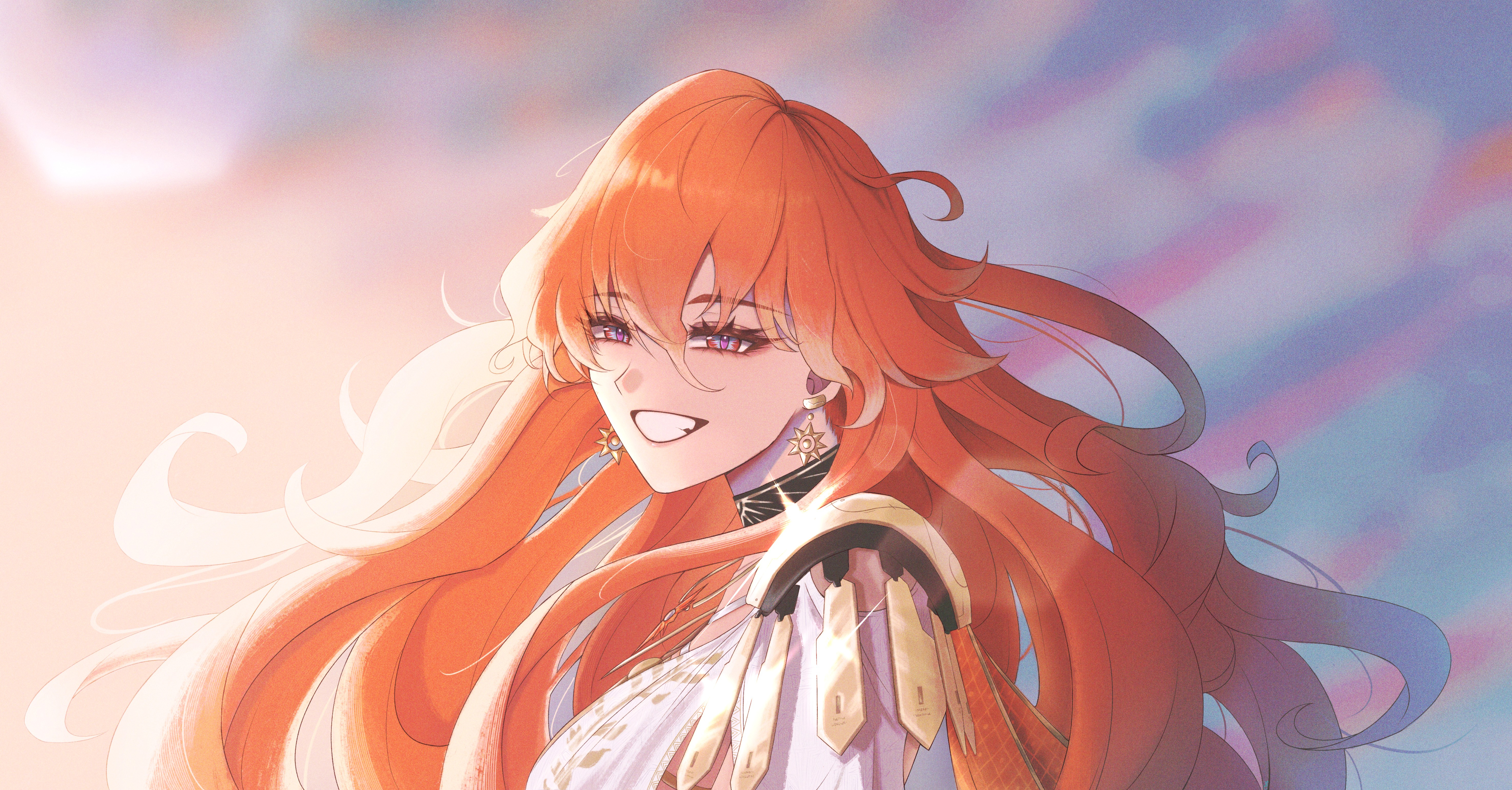 cheseu, augusta (wuthering waves), wuthering waves, absurdres, commentary, highres, 1girl, black collar, breasts, collar, earrings, from side, grin, hair between eyes, jewelry, large breasts, long hair, looking at viewer, looking to the side, orange hair, portrait, red eyes, smile, solo, sun earrings, sun necklace
