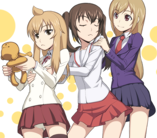 caryo, nanashino, fujioka-kuma (minami-ke), minami chiaki, minami haruka, minami kana, minami-ke, black legwear, 00s, 3girls, ahoge, brown eyes, brown hair, multiple girls, panties, school uniform, siblings, sisters, thighhighs, underwear