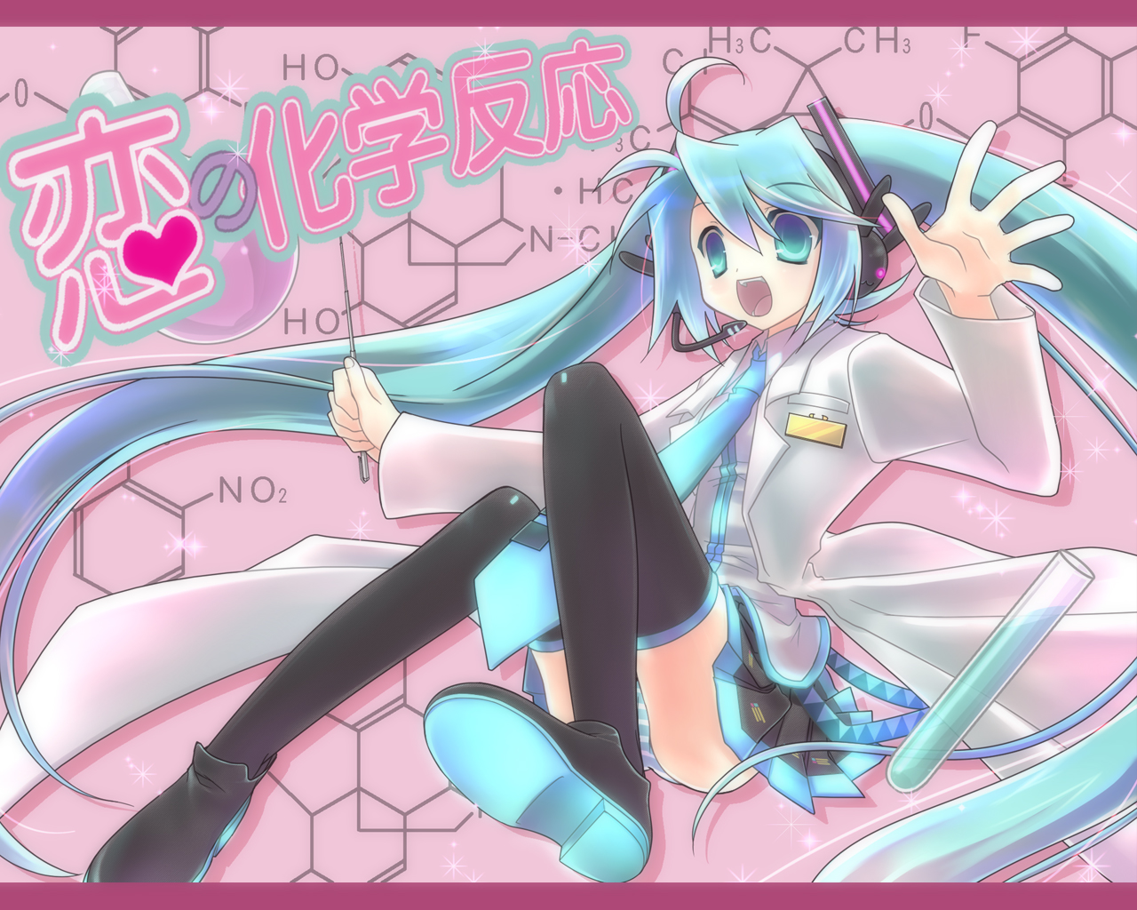 tahya, hatsune miku, koi no kagaku hannou (vocaloid), vocaloid, bad id, bad pixiv id, blue eyes, blue hair, chemical structure, chemistry, headset, lab coat, long hair, necktie, open mouth, panties, pantyshot, science, skirt, striped clothes, striped panties, test tube, thighhighs, twintails, underwear, very long hair