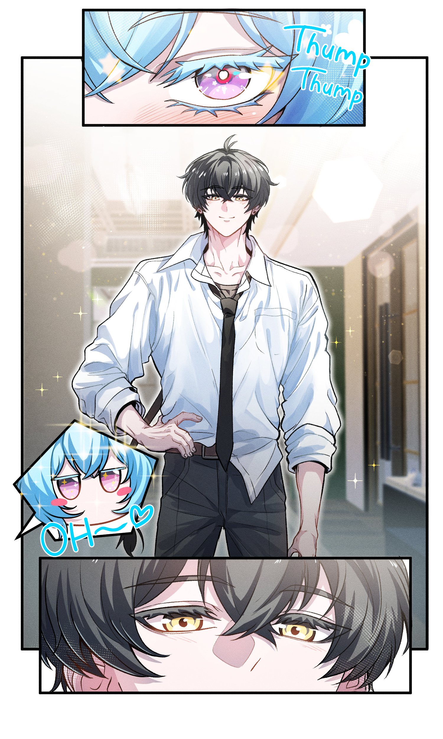 tu thanh, male rover (wuthering waves), rover (wuthering waves), shorekeeper (wuthering waves), wuthering waves, absurdres, commentary, english commentary, highres, 1boy, 1girl, belt, black hair, black necktie, black pants, blue hair, blush, brown belt, chibi, chibi inset, closed mouth, collarbone, colored eyelashes, hair between eyes, hand on own hip, indoors, necktie, official alternate costume, pants, purple eyes, shirt, shirt partially tucked in, short hair, smile, white shirt, yellow eyes