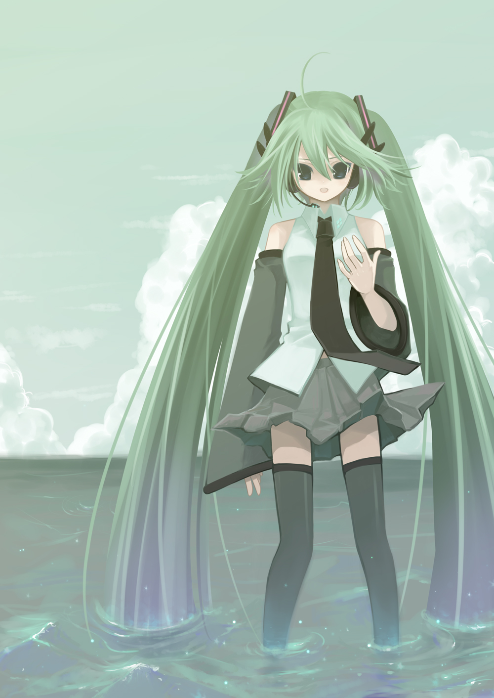 tahya, hatsune miku, vocaloid, bad id, bad pixiv id, highres, cloud, day, detached sleeves, green hair, headset, long hair, necktie, skirt, sky, solo, thighhighs, twintails, very long hair, water