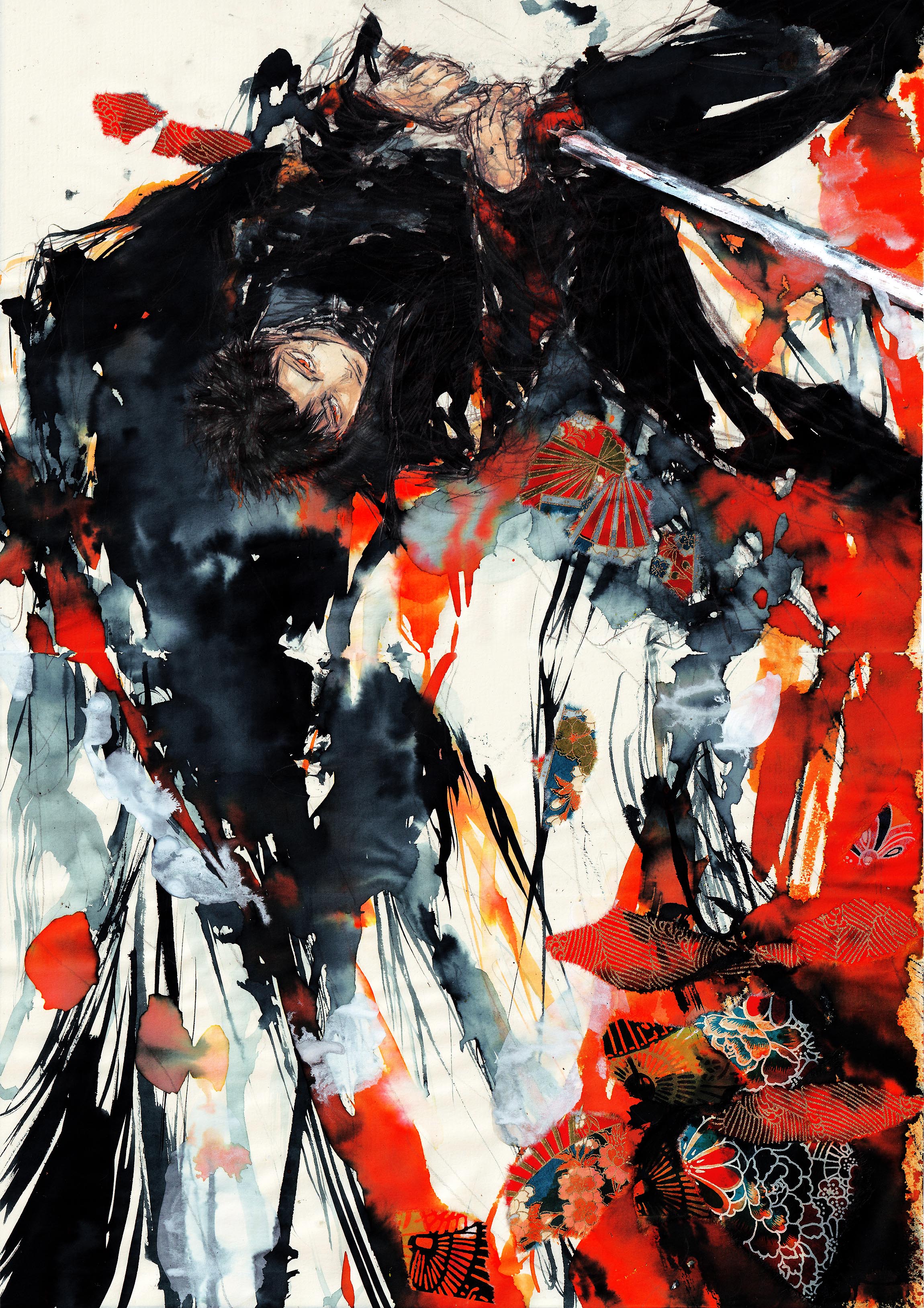 sunameri (takejii), rokuhira chihiro, kagurabachi, absurdres, highres, 1boy, black coat, black hair, black jacket, coat, enten (sword), facial scar, holding, holding sword, holding weapon, jacket, katana, long sleeves, male focus, red eyes, scar, scar on cheek, scar on face, short hair, solo, sword, weapon