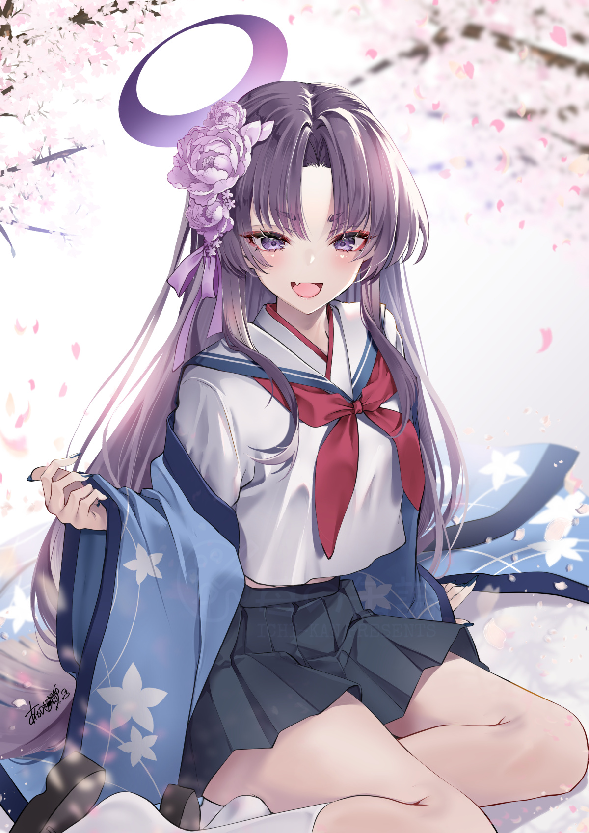akatsuki hijiri, yukari (blue archive), blue archive, highres, 1girl, black skirt, blue haori, fang, flower, hair flower, hair ornament, halo, haori, japanese clothes, kneehighs, long hair, looking at viewer, neckerchief, open mouth, purple hair, red neckerchief, sailor collar, school uniform, shirt, signature, sitting, skirt, smile, socks, solo, white sailor collar, white shirt, white socks