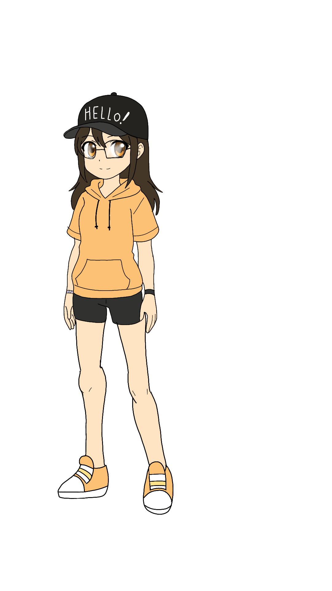 original, character request, 1girl, arms at sides, baseball cap, bike shorts, black-framed eyewear, black shorts, breasts, brown eyes, brown hair, eyelashes, f20000, female focus, full body, glasses, hair between eyes, hat, hood, hoodie, knees, legs, long hair, looking at viewer, matching hair/eyes, neck, orange hoodie, print headwear, shoes, short shorts, short sleeves, shorts, sidelocks, simple background, small breasts, smile, sneakers, standing, thighs, wavy hair, white background, wristband