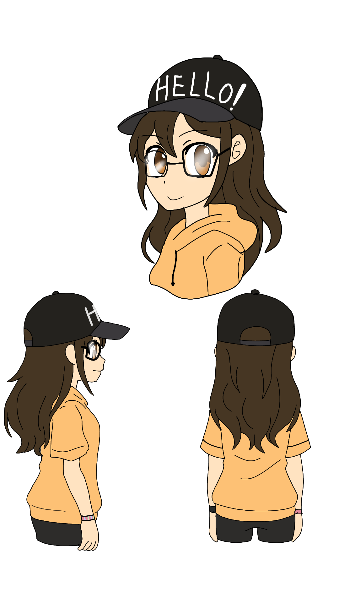 original, character request, 1girl, arms at sides, baseball cap, bike shorts, black-framed eyewear, black shorts, breasts, brown eyes, brown hair, eyelashes, f20000, female focus, from behind, from side, glasses, hair between eyes, hat, hood, hoodie, long hair, looking at viewer, looking to the side, matching hair/eyes, neck, orange hoodie, print headwear, reference sheet, short shorts, short sleeves, shorts, sidelocks, simple background, small breasts, smile, standing, upper body, wavy hair, white background, wristband