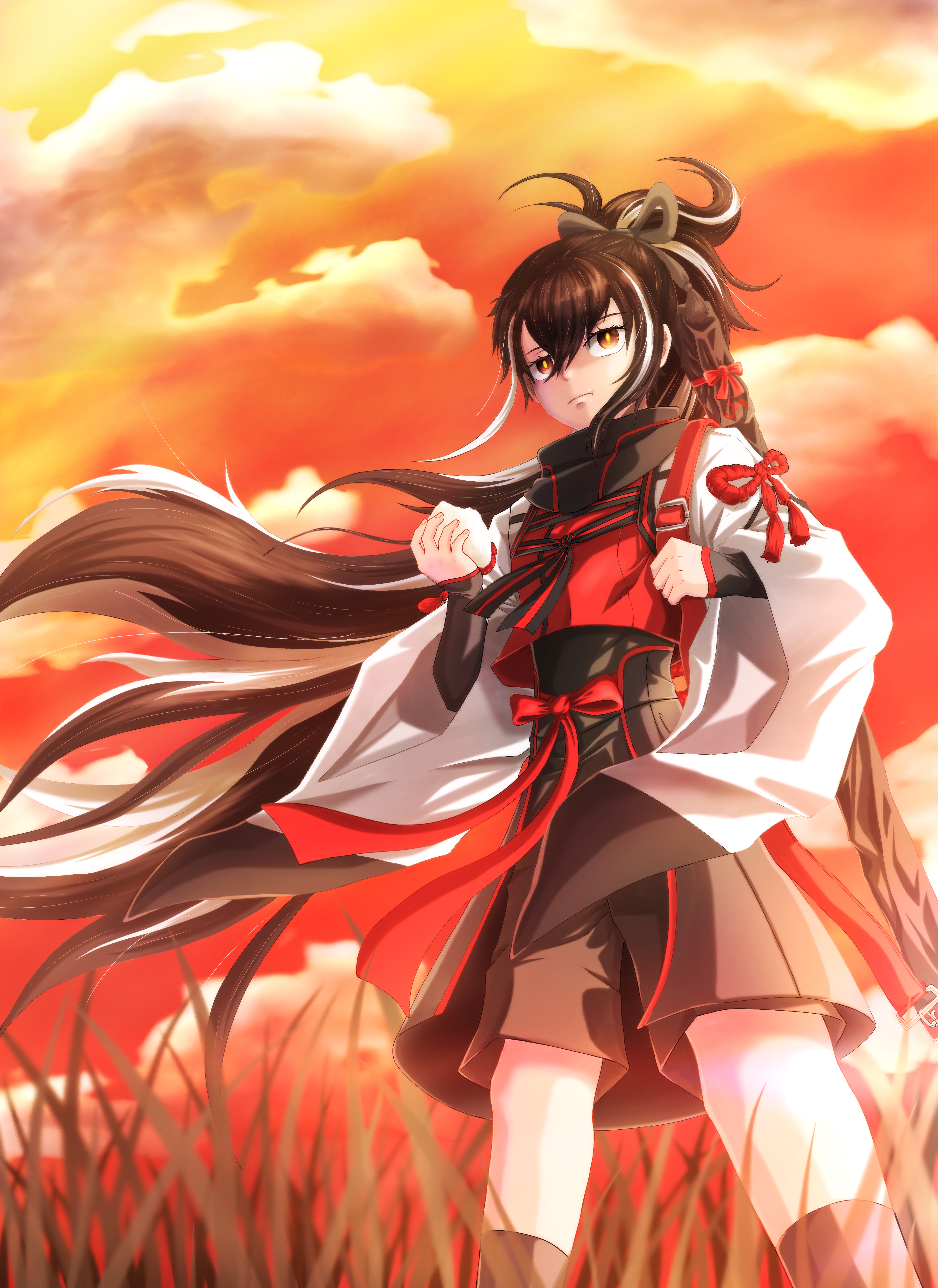 user srft3542, kawakami gensai (fate), fate/grand order, fate (series), absurdres, highres, 1girl, black eyes, black hair, black scarf, cloud, cloudy sky, eating, food, kawakami gensai (first ascension) (fate), long hair, multicolored hair, onigiri, ponytail, scarf, sky, solo, white hair
