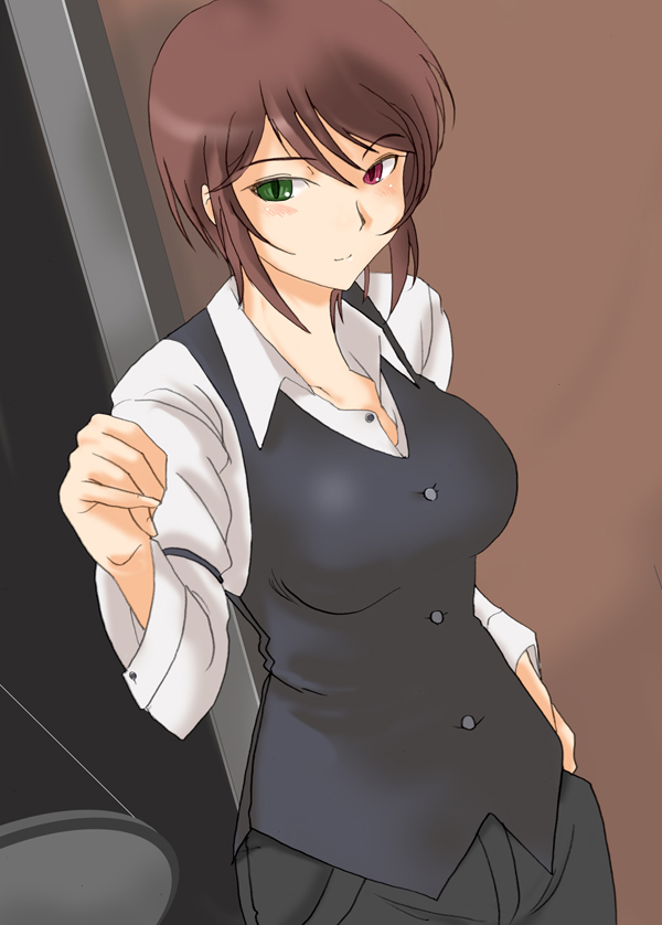 souseiseki, rozen maiden, 00s, 1girl, aged up, breasts, brown hair, casual, female focus, formal clothes, heterochromia, short hair, solo