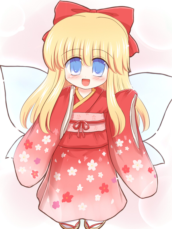 ry (yagoyago), shanghai doll, touhou, 1girl, blonde hair, doll, female focus, gradient background, japanese clothes, kimono, long hair, oversized clothes, ribbon, solo, standing, white background, wings