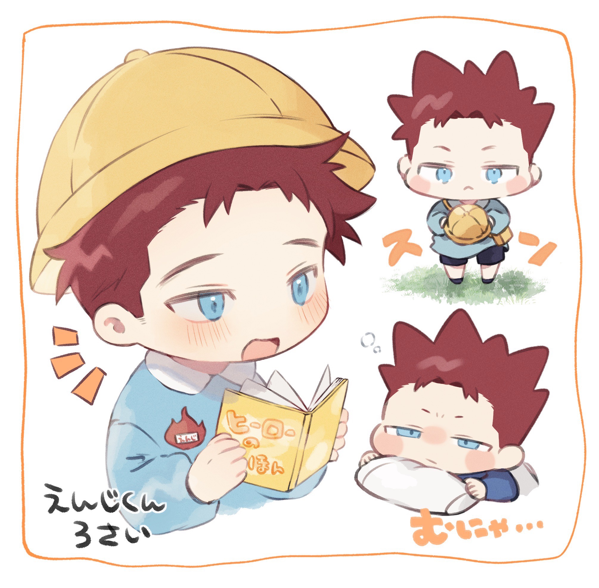 endeavor (boku no hero academia), boku no hero academia, commentary request, highres, translation request, 1boy, aged down, blue eyes, blue shirt, blush, book, hat, holding, holding book, kindergarten uniform, long sleeves, male focus, mentosucyan, open mouth, pillow, red hair, school hat, shirt, short hair