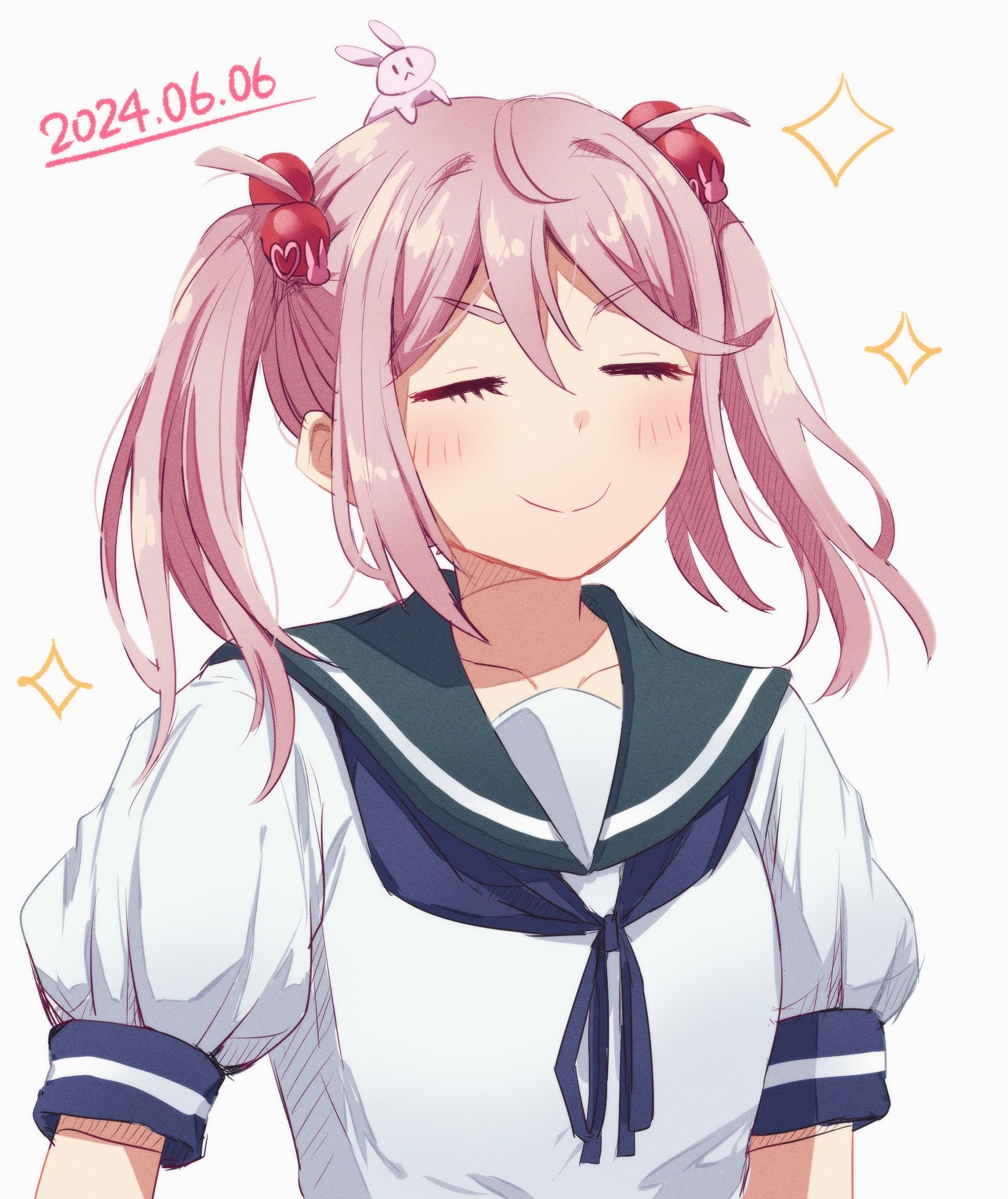 missou shiro, sazanami (kancolle), kantai collection, highres, 1girl, closed eyes, collarbone, dated, hair bobbles, hair ornament, long hair, pink hair, puffy sleeves, sailor collar, school uniform, serafuku, short sleeves, simple background, smile, solo, sparkle, twintails, upper body, white background