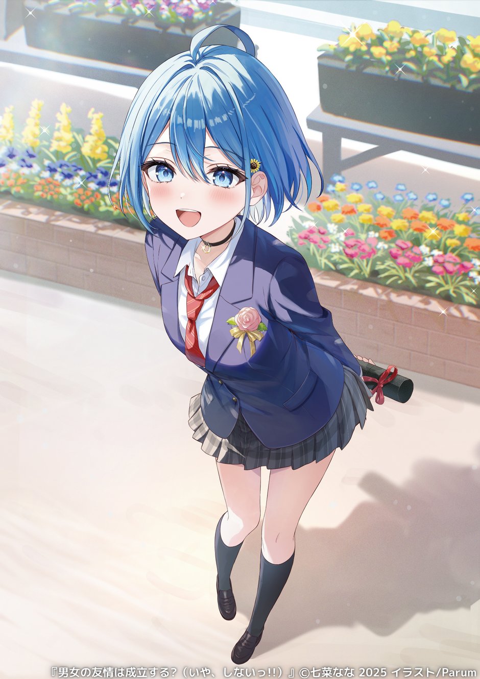 parum39, inuzuka himari, danjo no yuujou wa seiritsu suru?, commentary request, highres, official art, second-party source, 1girl, ahoge, black choker, blazer, blue eyes, blue flower, blue hair, blue jacket, blush, breasts, choker, collared shirt, dress shirt, flower, from above, full body, glint, hair between eyes, hair flower, hair ornament, holding, jacket, kneehighs, leaning forward, loafers, long sleeves, looking at viewer, medium breasts, medium hair, miniskirt, necktie, open mouth, pink flower, pink rose, pleated skirt, red necktie, ribbon, rose, school uniform, shirt, shoes, skirt, smile, socks, solo, standing, teeth, thighs, upper teeth only, white shirt, yellow flower, yellow ribbon
