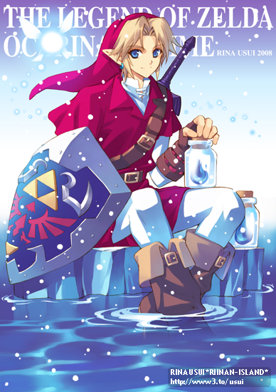 usui rina, link, navi, nintendo, the legend of zelda, the legend of zelda: ocarina of time, bad id, bad pixiv id, 1boy, alternate color, belt, blonde hair, blue eyes, boots, bottle, gauntlets, gloves, hylian shield, male focus, master sword, pointy ears, red tunic, shield, snow, solo, sword, tunic, water, watermark, weapon