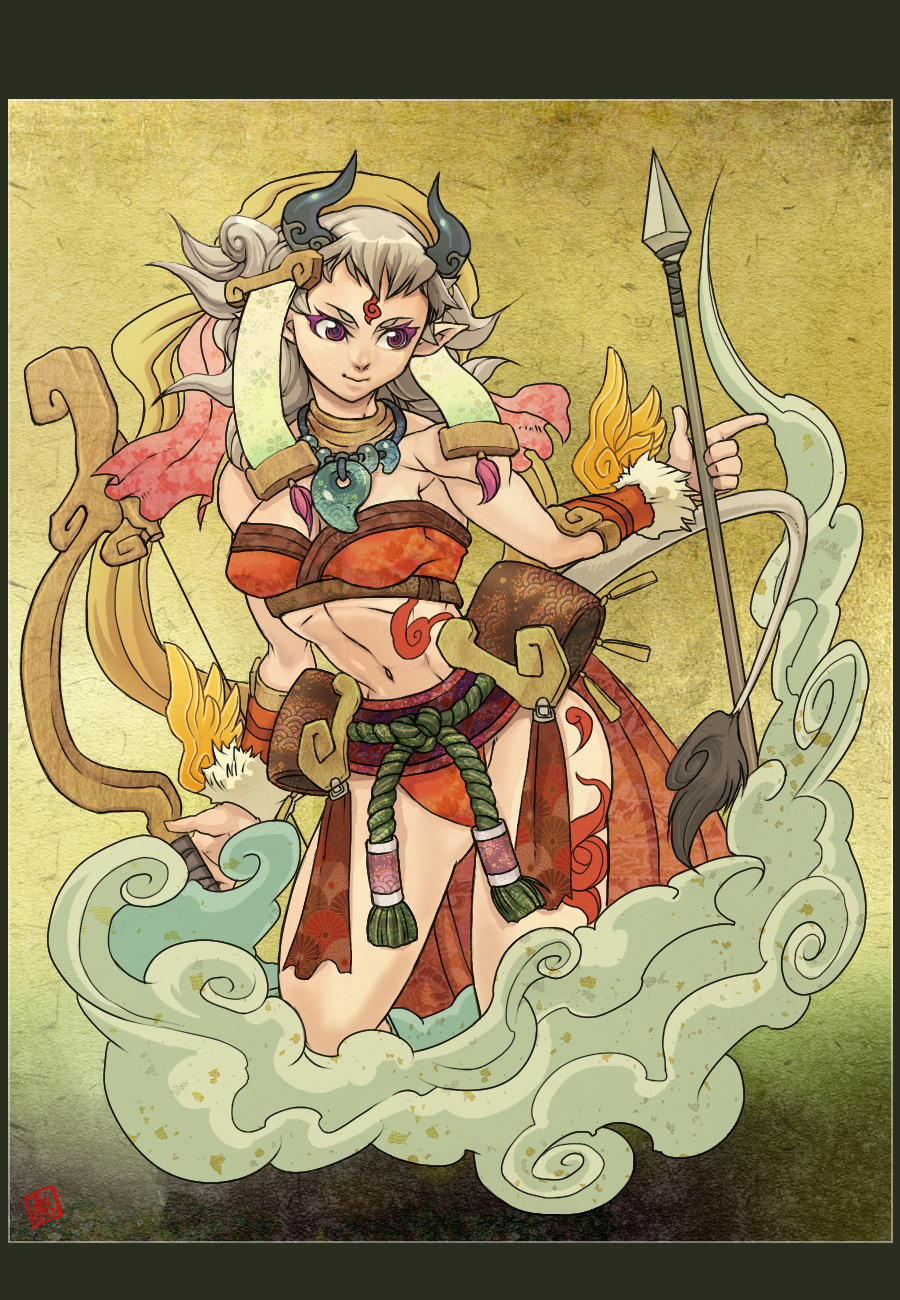 torashiro eiji, original, highres, cloud, grey hair, horns, midriff, purple eyes, solo