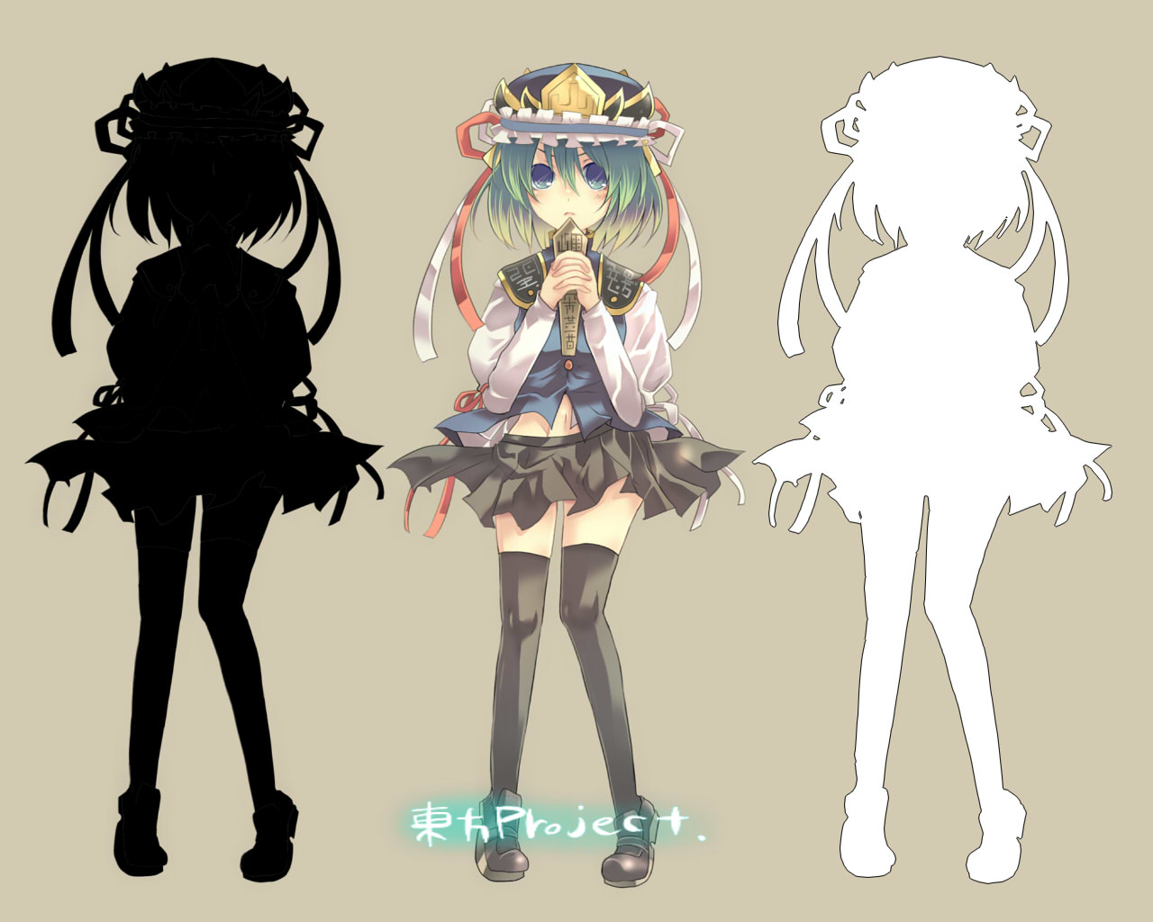 pochi-t, shiki eiki, touhou, 1girl, blue eyes, female focus, full body, green hair, multiple views, rod of remorse, silhouette, simple background, thighhighs, zettai ryouiki
