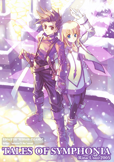 usui rina, colette brunel, lloyd irving, tales of (series), tales of symphonia, bad id, bad pixiv id, 00s, 1boy, 1girl, blonde hair, blue eyes, boots, brown eyes, brown hair, copyright name, couple, gloves, knee boots, long hair, pantyhose, red shirt, shirt, snow, sword, weapon, wings