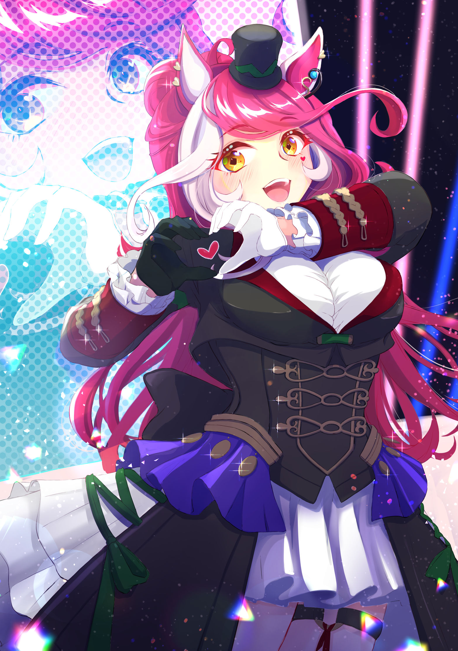 taniko shanokoya, loves only you (umamusume), umamusume, commentary request, highres, 1girl, animal ears, blush, breasts, hair between eyes, hair ornament, hat, heart, heart hands, horse ears, horse girl, long hair, looking at viewer, medium breasts, open mouth, screen, solo, teeth, upper teeth only, yellow eyes