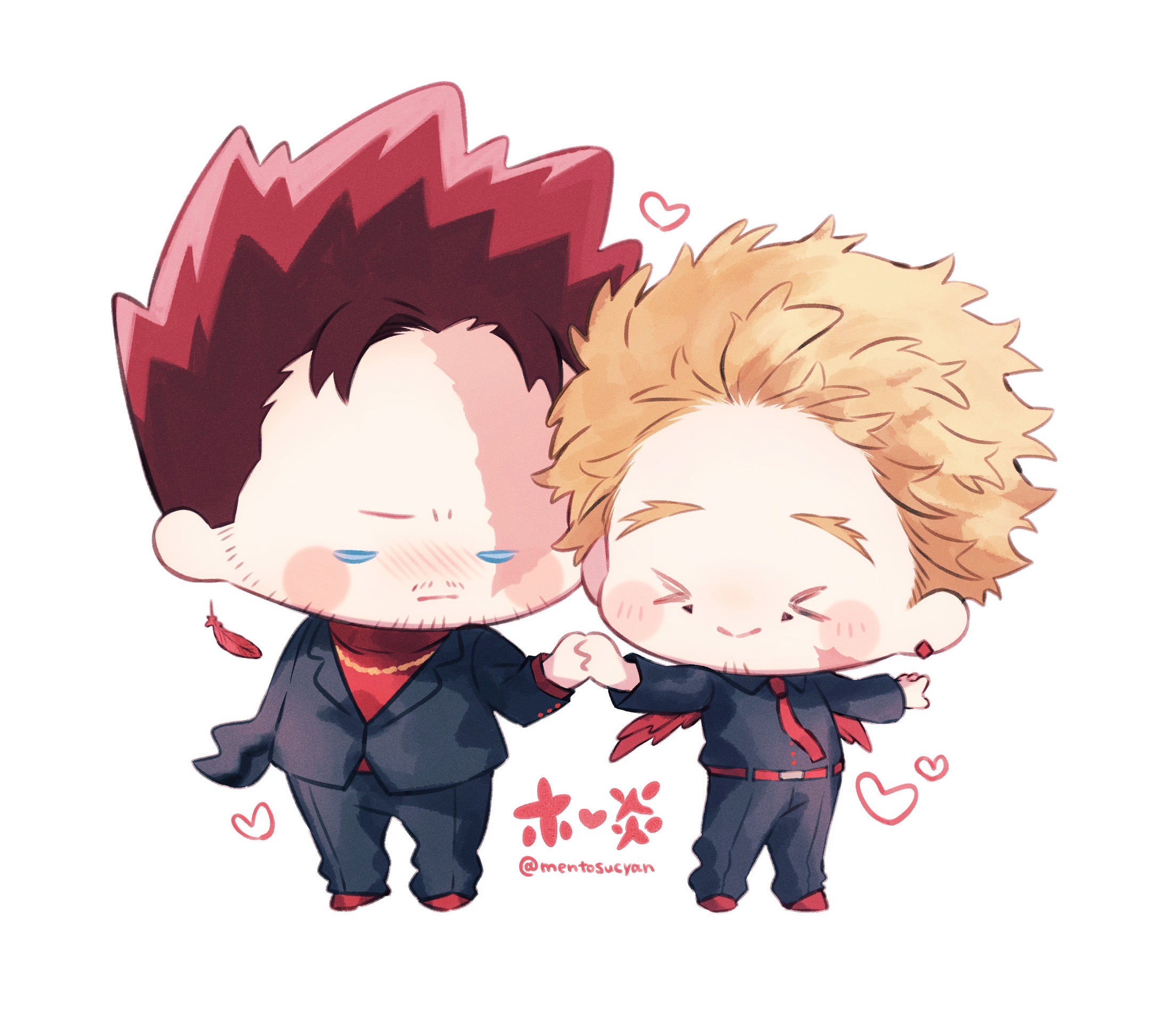 endeavor (boku no hero academia), hawks (boku no hero academia), boku no hero academia, commentary request, highres, 2boys, belt, black jacket, black pants, black shirt, blonde hair, blue eyes, blush, blush stickers, closed eyes, earrings, facial hair, feathers, goatee stubble, holding hands, jacket, jewelry, male focus, mentosucyan, multiple boys, mustache stubble, necktie, outstretched arm, pants, red belt, red hair, red necktie, red shirt, red wings, scar, scar on face, shirt, short hair, simple background, sparse stubble, spiked hair, stubble, white background, wings, yaoi