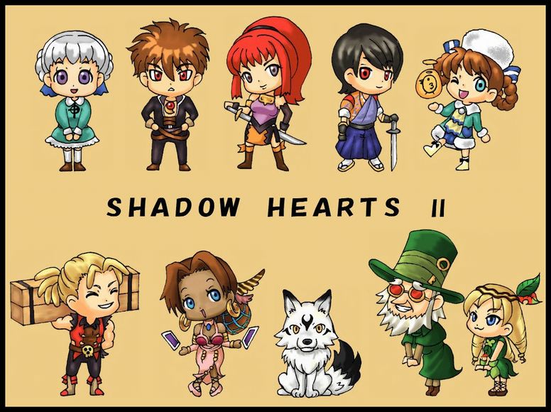 dora yaki, alice elliot, anastasia (shadow hearts), cornelia (shadow hearts), gepetto (shadow hearts), joachim valentine, karin koenig, kurando (shadow hearts), lucia (shadow hearts), yuri hyuga, shadow hearts, shadow hearts ii, kurando, 4boys, 5girls, :3, alternate costume, beard, belt, black hair, blonde hair, blue eyes, boots, braid, brown hair, card, chibi, dark skin, dress, earrings, facial hair, feathers, floating card, green eyes, hat, japanese clothes, jewelry, key, multiple boys, multiple girls, necklace, one eye closed, ponytail, red eyes, red hair, ribbon, ringlets, smile, sword, twin braids, weapon, white hair, wink, wolf, yellow eyes