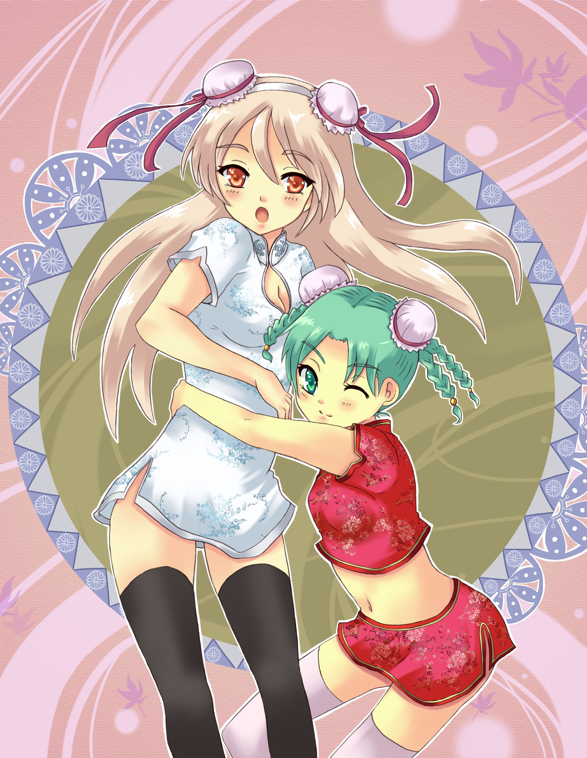 hinata sora, original, absurdres, highres, 2girls, blonde hair, blush, breasts, bun cover, china dress, chinese clothes, cleavage, double bun, dress, green eyes, green hair, midriff, multiple girls, navel, one eye closed, red eyes, skirt, thighhighs, wink