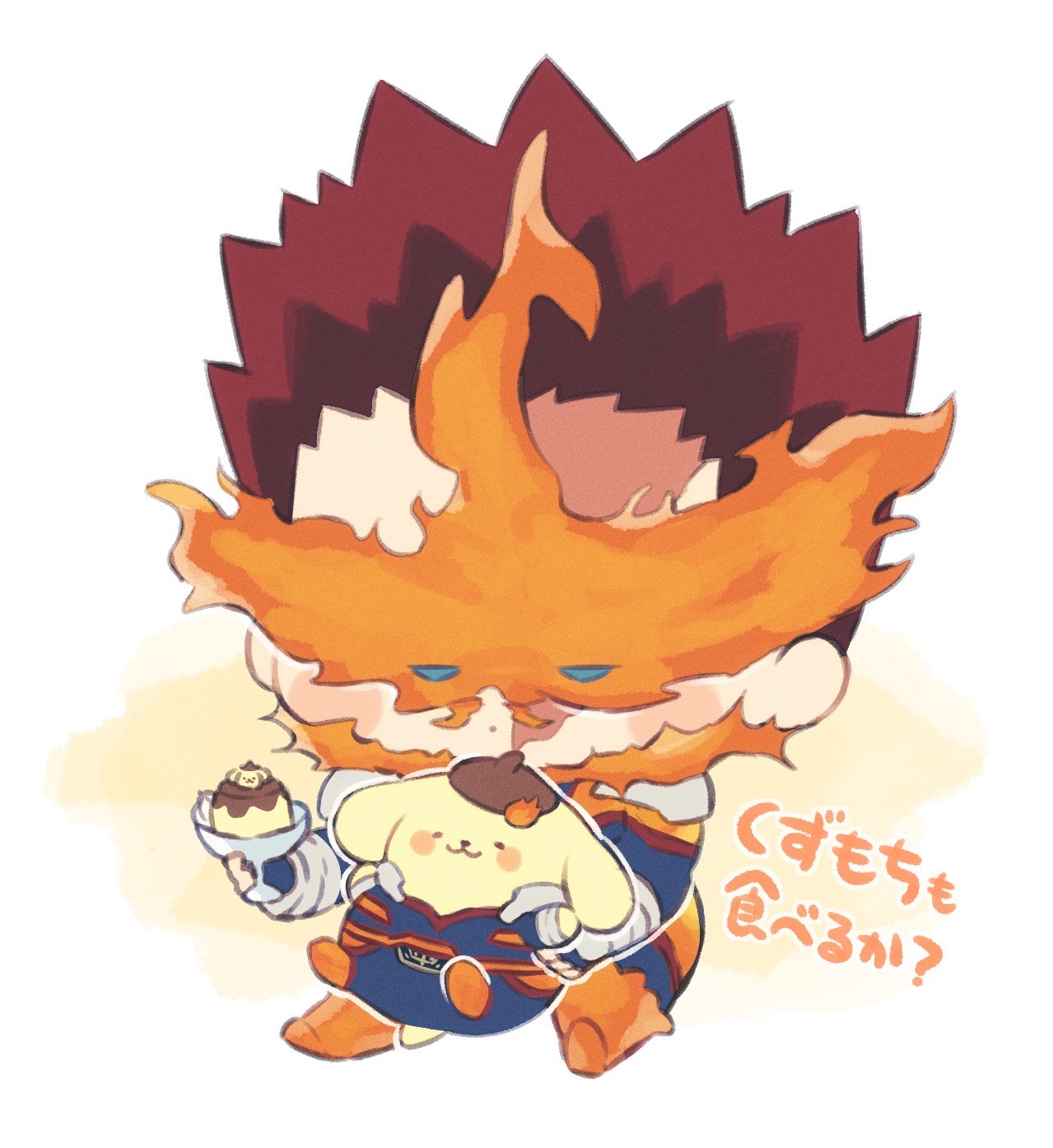 endeavor (boku no hero academia), pompompurin, boku no hero academia, sanrio, commentary request, highres, translation request, 1boy, blue bodysuit, blue eyes, bodysuit, crossover, fire, food, full body, male focus, mentosucyan, pudding, pyrokinesis, red hair, scar, scar on face, simple background, sitting, spiked hair, white background