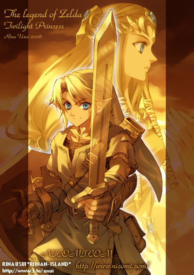 usui rina, link, princess zelda, nintendo, the legend of zelda, the legend of zelda: twilight princess, bad id, bad pixiv id, blonde hair, blue eyes, gauntlets, holding sword, long hair, pointy ears, shield, sword, weapon