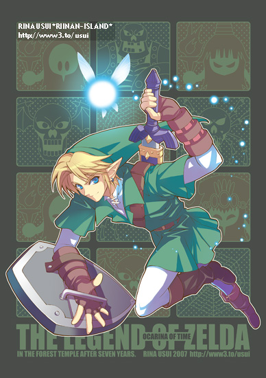 usui rina, link, navi, nintendo, the legend of zelda, 1boy, blonde hair, blue eyes, fingerless gloves, gauntlets, gloves, holding, holding behind back, holding sword, holding sword behind back, holding weapon, holding weapon behind back, male focus, master sword, pointy ears, sheath, shield, solo, sword, unsheathing, watermark, weapon, weapon on back