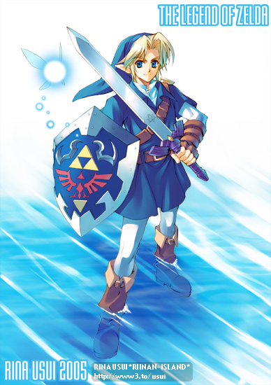 usui rina, link, navi, nintendo, the legend of zelda, the legend of zelda: ocarina of time, bad id, bad pixiv id, 1boy, alternate color, blonde hair, blue eyes, blue tunic, boots, gauntlets, holding, holding sword, holding weapon, hylian shield, male focus, master sword, pointy ears, shield, solo, sword, tunic, weapon