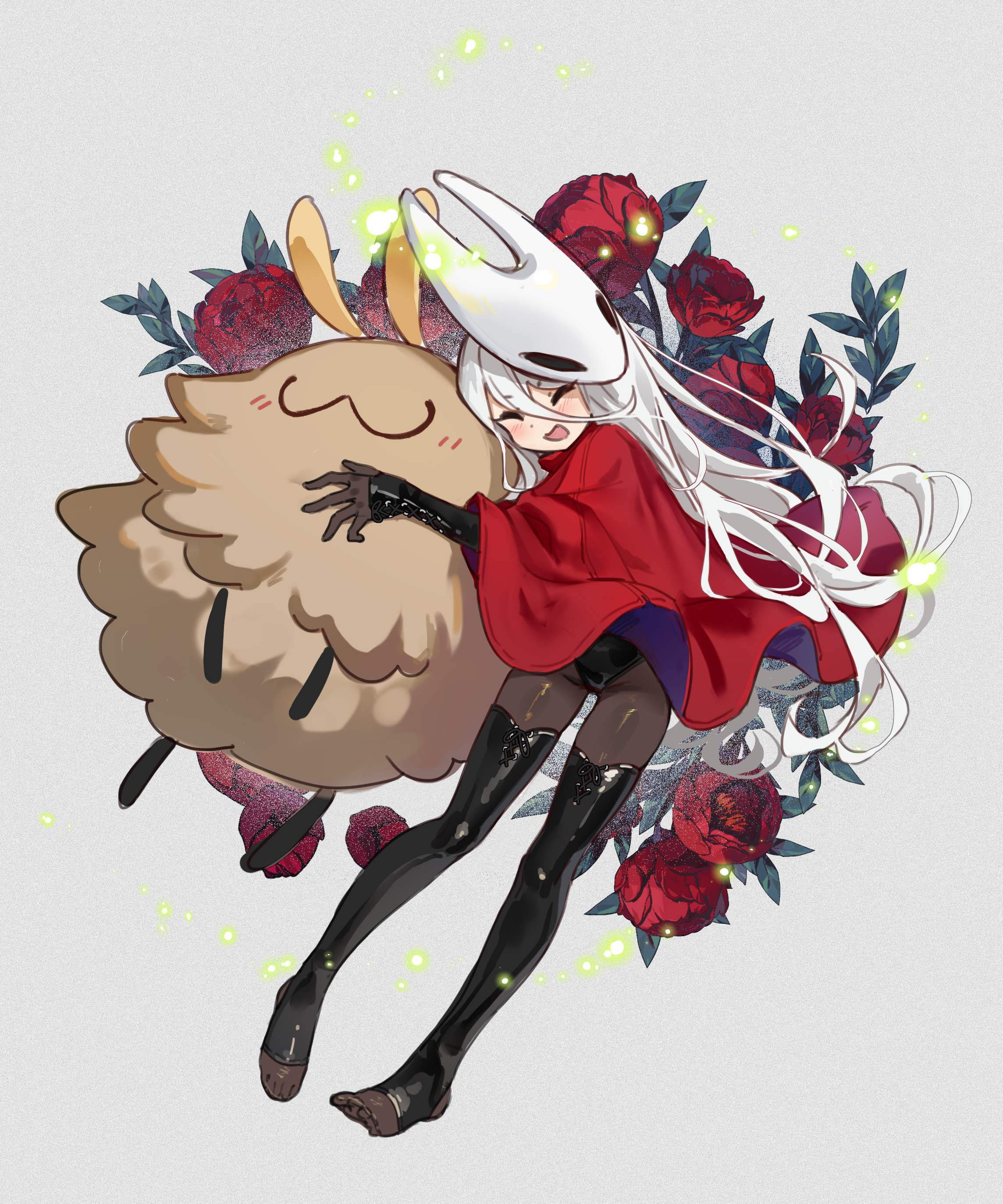 ziyue, flea (hollow knight), hornet (hollow knight), hollow knight, hollow knight: silksong, absurdres, chinese commentary, commentary request, highres, 1girl, :3, ^ ^, black leotard, black thighhighs, blush, bodystocking, cloak, closed eyes, cross-laced clothes, cross-laced sleeves, detached sleeves, flower, full body, grey background, hair between eyes, horned mask, hug, humanization, latex, latex thighhighs, leotard, long hair, long hair between eyes, mask, mask on head, no shoes, open mouth, red cloak, red flower, solo, stirrup legwear, thighhighs, toeless legwear, two-sided cloak, two-sided fabric, very long hair, white hair