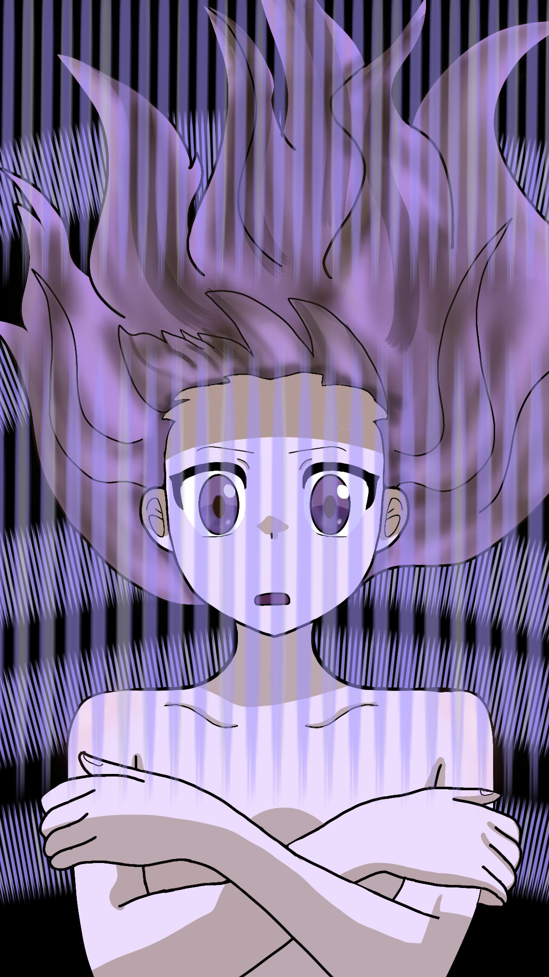 digimon, digimon frontier, original, highres, 1girl, armpit crease, breasts, brown eyes, brown hair, collarbone, completely nude, covering breasts, covering privates, crossed arms, curled fingers, energy, eyelashes, f20000, facing viewer, female focus, fingernails, floating hair, henshin, long hair, looking at viewer, matching hair/eyes, neck, nude, open mouth, out-of-frame censoring, purple theme, sidelocks, small breasts, spirit evolution, surprised, topless frame, upper body, wavy hair