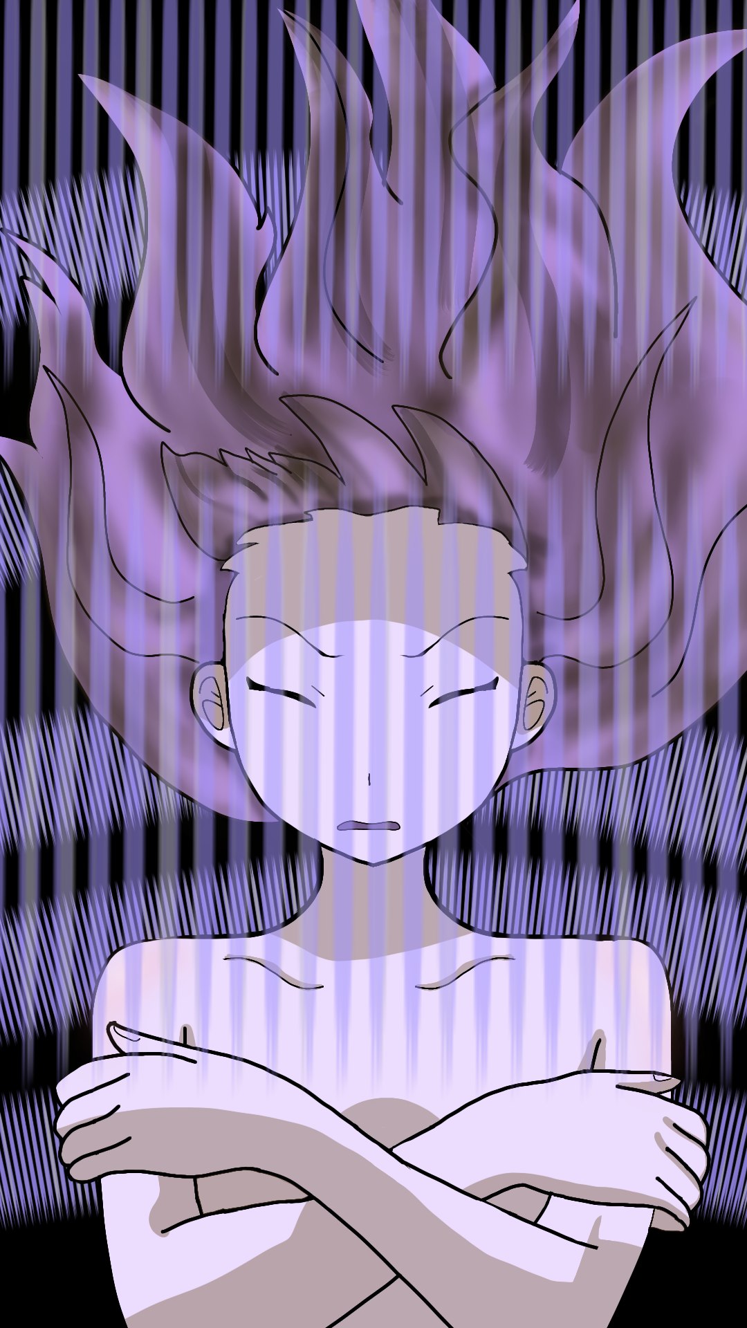 digimon, digimon frontier, original, highres, 1girl, armpit crease, breasts, brown eyes, brown hair, closed eyes, collarbone, completely nude, covering breasts, covering privates, crossed arms, curled fingers, energy, eyelashes, f20000, facing viewer, female focus, fingernails, floating hair, henshin, long hair, matching hair/eyes, neck, nude, out-of-frame censoring, purple theme, serious, sidelocks, small breasts, spirit evolution, topless frame, upper body, wavy hair