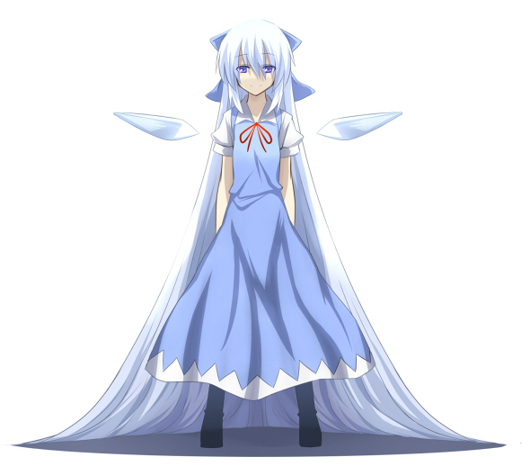 batsu, iyuu, cirno, touhou, light purple hair, silver hair, 1girl, absurdly long hair, alternate hair length, alternate hairstyle, alternate wings, blue dress, blue eyes, blue hair, bow, dress, female focus, full body, hair bow, long hair, matching hair/eyes, neck ribbon, ribbon, simple background, smile, solo, standing, very long hair, wings