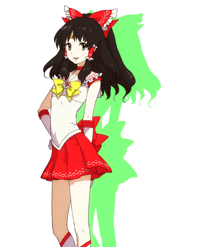 egawa satsuki, hakurei reimu, bishoujo senshi sailor moon, touhou, 1girl, bow, brown hair, cosplay, female focus, flat chest, gloves, hair bow, hand on own hip, large bow, long hair, open mouth, parody, pleated skirt, red eyes, sailor senshi, sailor senshi (cosplay), skirt, smile, solo, tiara, unofficial sailor senshi uniform, white gloves, yin yang