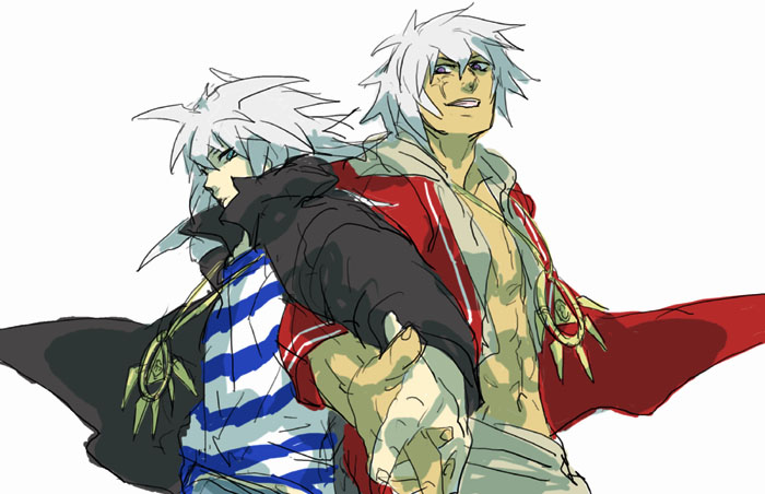 bakura ryou, touzokuou bakura, yami bakura, yu-gi-oh!, yu-gi-oh! duel monsters, silver hair, 2boys, cape, cowboy shot, dark-skinned male, dark skin, long sleeves, looking at viewer, male focus, midriff, multiple boys, muscular, navel, shirt, spiked hair, stomach, striped clothes, striped shirt, upper body