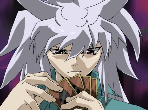 yami bakura, yu-gi-oh!, yu-gi-oh! duel monsters, yuu-gi-ou, 1boy, brown eyes, card, frown, green shirt, grey hair, male focus, shirt, solo