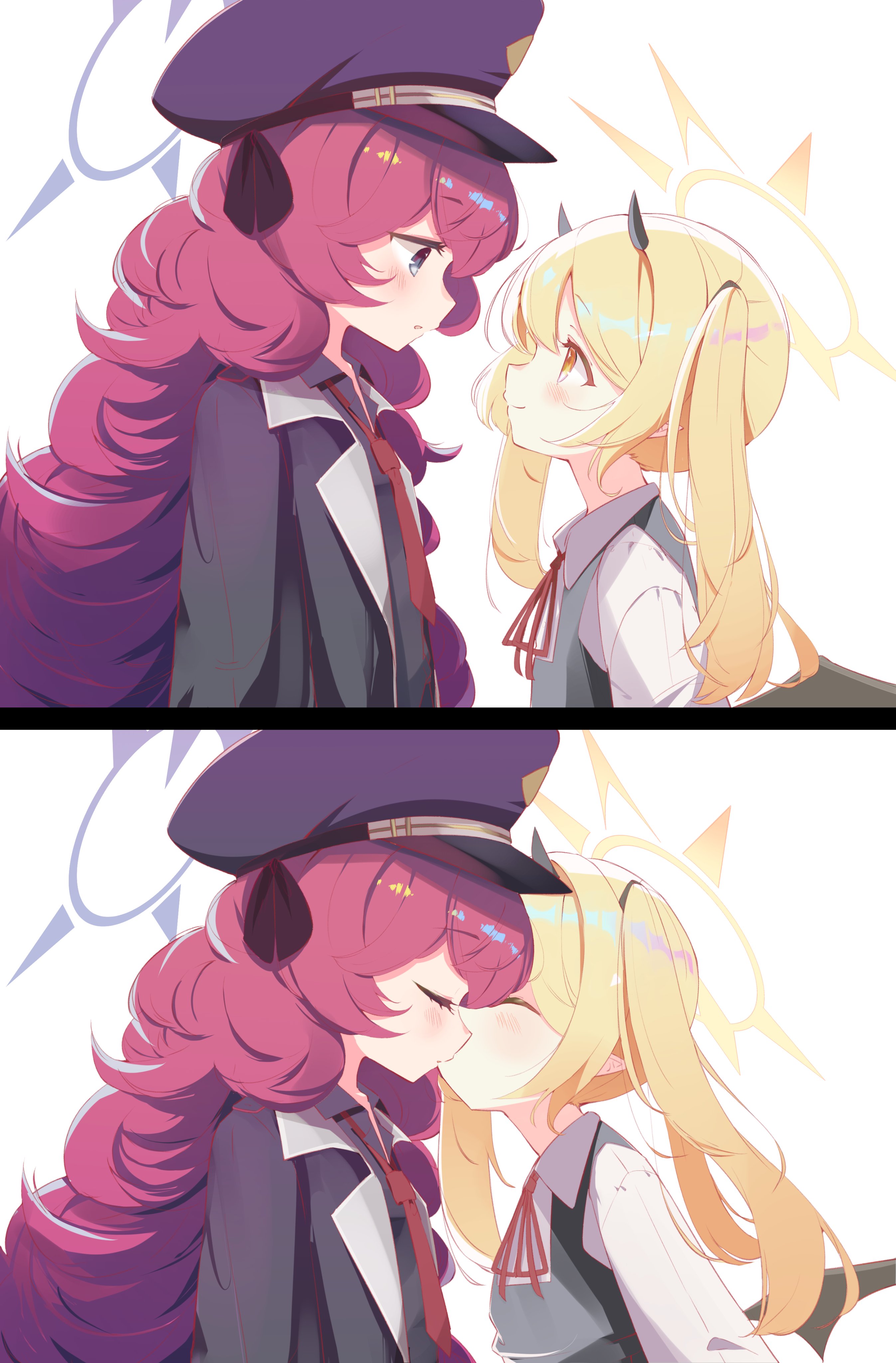 garuruu (garumux), ibuki (blue archive), iroha (blue archive), blue archive, fluffy hair, absurdres, highres, 2girls, ^ ^, age difference, black hat, black horns, black jacket, black ribbon, black shirt, black wings, blonde hair, blue eyes, blue halo, blush, closed eyes, closed mouth, collared shirt, cone horns, demon girl, demon horns, demon wings, dress shirt, eye contact, face-to-face, from side, hair tie, halo, hat, hat ribbon, height difference, horns, jacket, kiss, kissing cheek, lapels, long hair, looking at another, multiple girls, neck ribbon, necktie, notched lapels, onee-loli, parted lips, peaked cap, pointy ears, profile, red hair, red necktie, red ribbon, ribbon, sequential, shirt, simple background, small horns, smile, twintails, u u, white background, white shirt, wing collar, wings, yellow halo, yuri