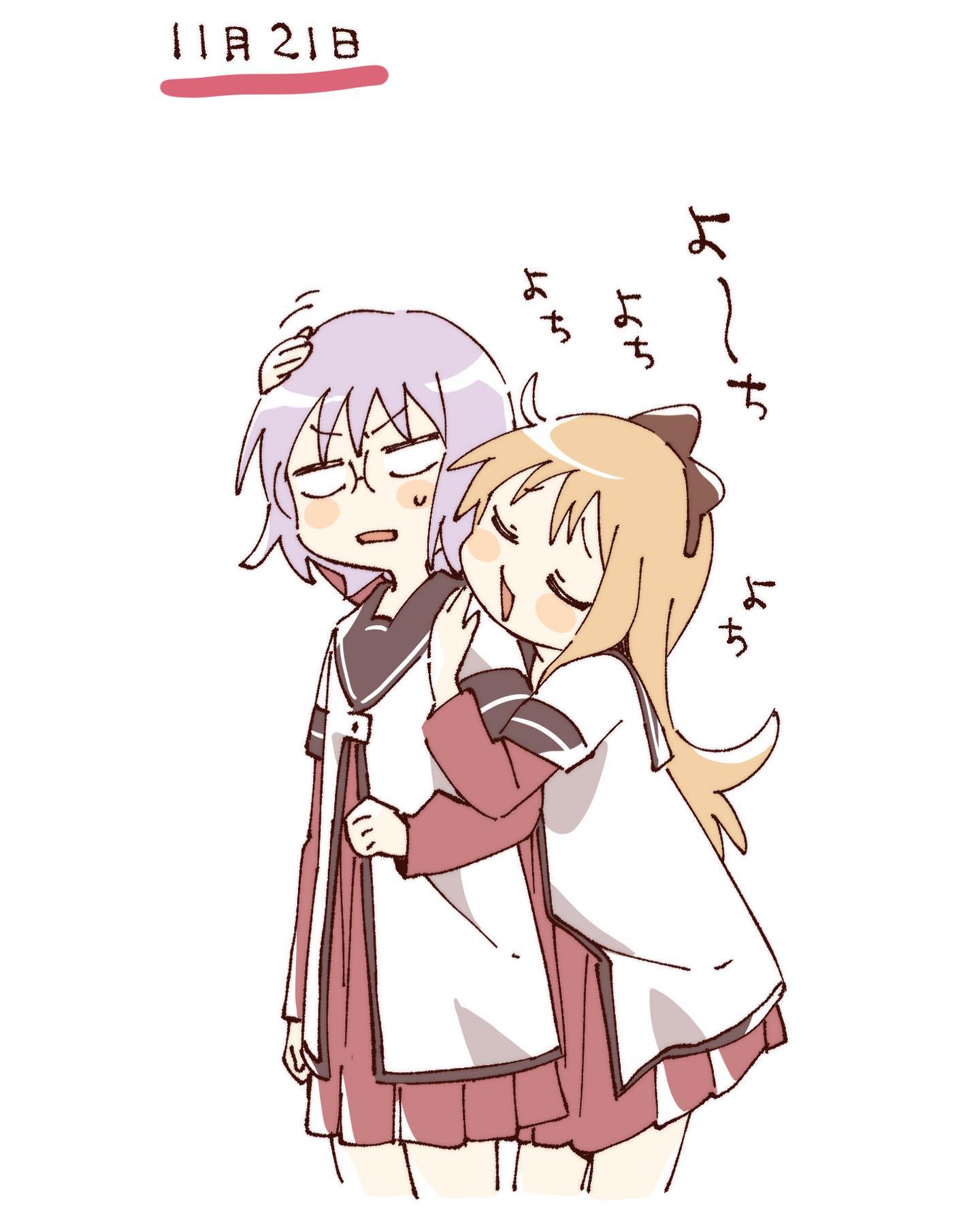 namori, ikeda chizuru, toshinou kyouko, yuruyuri, hashtag-only commentary, highres, translation request, 2girls, :d, blank eyes, blonde hair, blush stickers, bow, brown bow, brown sailor collar, closed eyes, cropped legs, dress, glasses, grey hair, hair bow, hug, hug from behind, layered sleeves, long hair, long sleeves, multiple girls, nanamori school uniform, open mouth, pleated dress, red dress, sailor collar, school uniform, shirt, short hair, short over long sleeves, short sleeves, simple background, smile, white background, white shirt, winter uniform