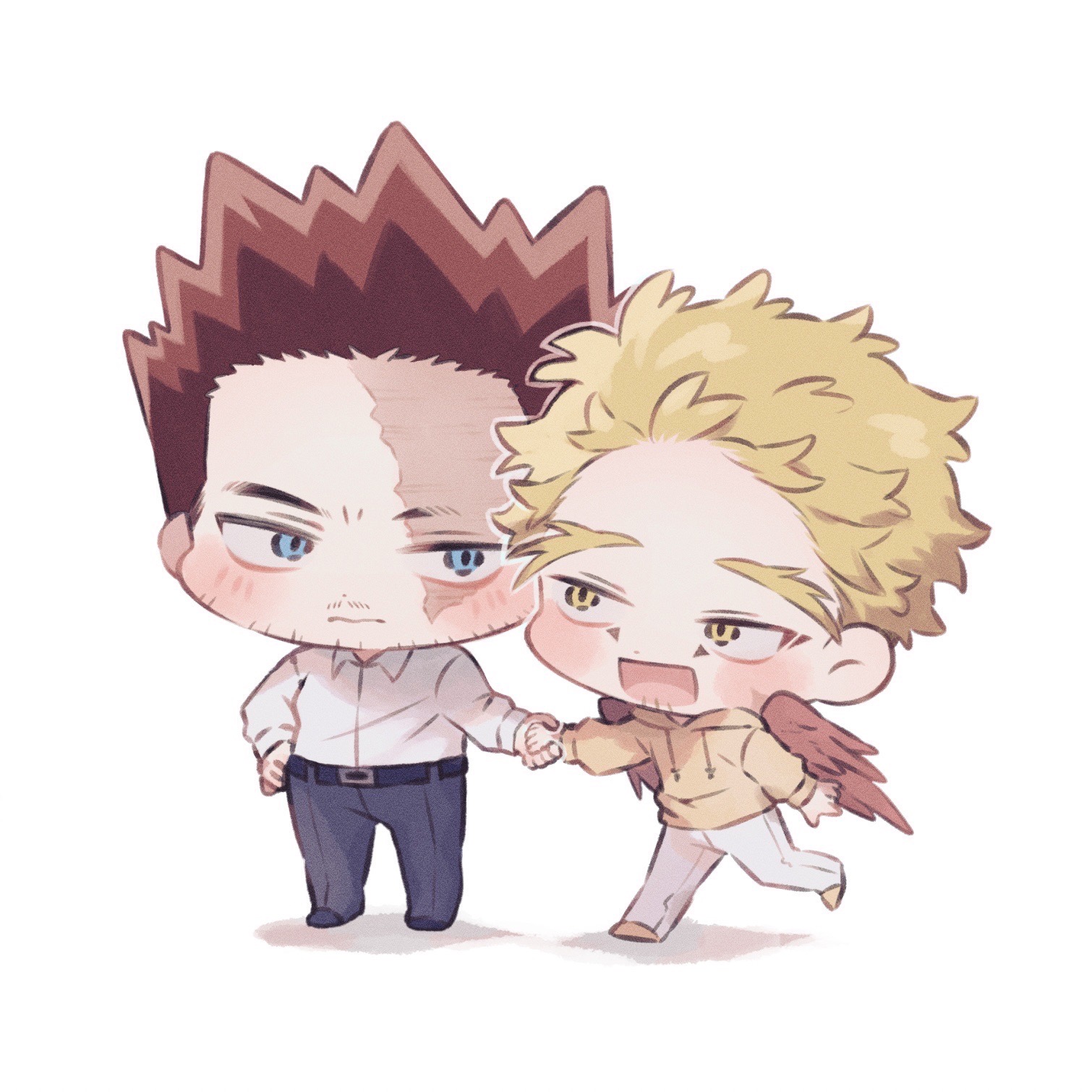 endeavor (boku no hero academia), hawks (boku no hero academia), boku no hero academia, highres, 2boys, belt, black belt, black pants, blonde hair, blue eyes, chibi, chibi only, drawstring, facial hair, goatee stubble, holding hands, hood, hood down, hoodie, male focus, mentosucyan, multiple boys, open mouth, pants, red hair, red wings, scar, scar across eye, scar on face, shirt, short hair, sparse stubble, stubble, white pants, white shirt, wings, yaoi, yellow hoodie