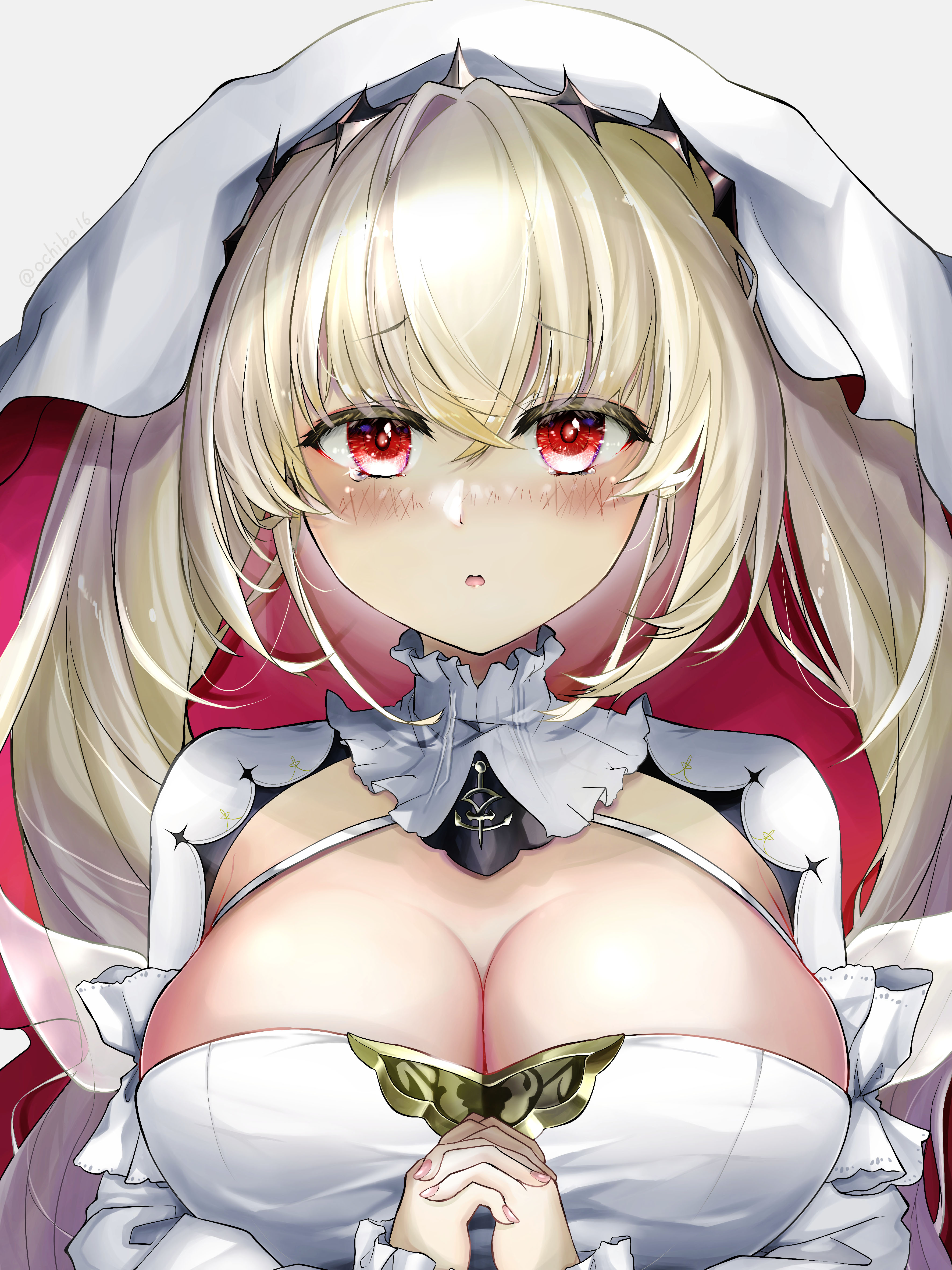 ochiba16, kersaint (azur lane), azur lane, absurdres, commentary request, highres, 1girl, blonde hair, breasts, cleavage, interlocked fingers, large breasts, long hair, long sleeves, looking at viewer, own hands together, praying, red eyes, red veil, simple background, solo, two-tone veil, upper body, veil, white background, white veil