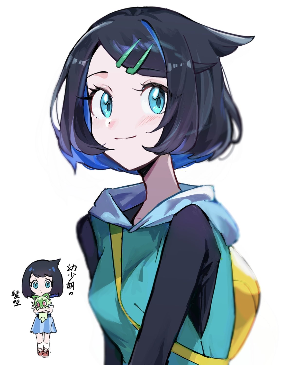 copituji, liko (pokemon), sprigatito, nintendo, pokemon, pokemon (anime), pokemon horizons, highres, 1girl, black hair, black shirt, blue eyes, blue hair, blue hoodie, chibi, chibi inset, closed mouth, colored inner hair, hair ornament, hairclip, holding, holding pokemon, hood, hood down, hoodie, long sleeves, looking at viewer, multicolored hair, multiple views, pokemon (creature), shirt, short hair, sleeveless, sleeveless hoodie, smile, upper body, white background