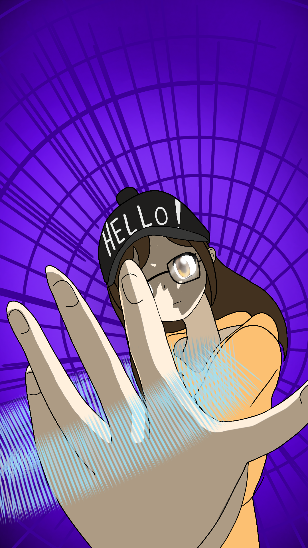 digimon, digimon frontier, original, highres, 1girl, baseball cap, black-framed eyewear, black hat, breasts, brown eyes, brown hair, curled fingers, digivice, energy, expressionless, eyelashes, f20000, female focus, fingernails, full body, glasses, hair between eyes, hat, henshin, hood, hoodie, long hair, looking at viewer, matching hair/eyes, neck, open mouth, orange hoodie, outstretched hand, purple background, short sleeves, shouting, sidelocks, small breasts, spirit evolution, upper body, wristband
