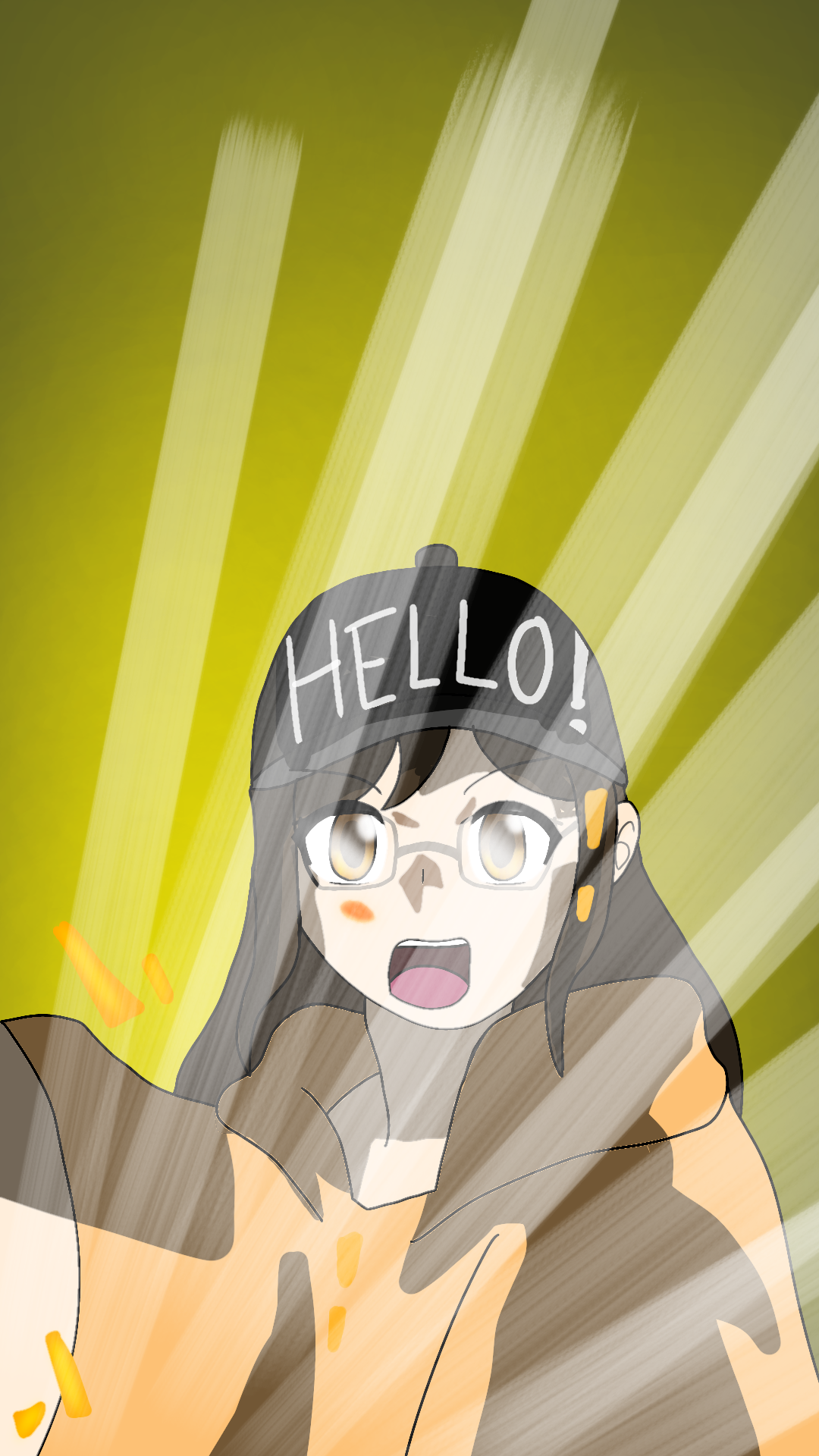 digimon, digimon frontier, original, highres, 1girl, baseball cap, black-framed eyewear, black hat, breasts, brown eyes, brown hair, curled fingers, digivice, energy, eyelashes, f20000, female focus, full body, glasses, hair between eyes, hat, henshin, hood, hoodie, long hair, looking at viewer, matching hair/eyes, neck, open mouth, orange hoodie, outstretched arms, short sleeves, shouting, sidelocks, small breasts, spirit evolution, upper body, wristband