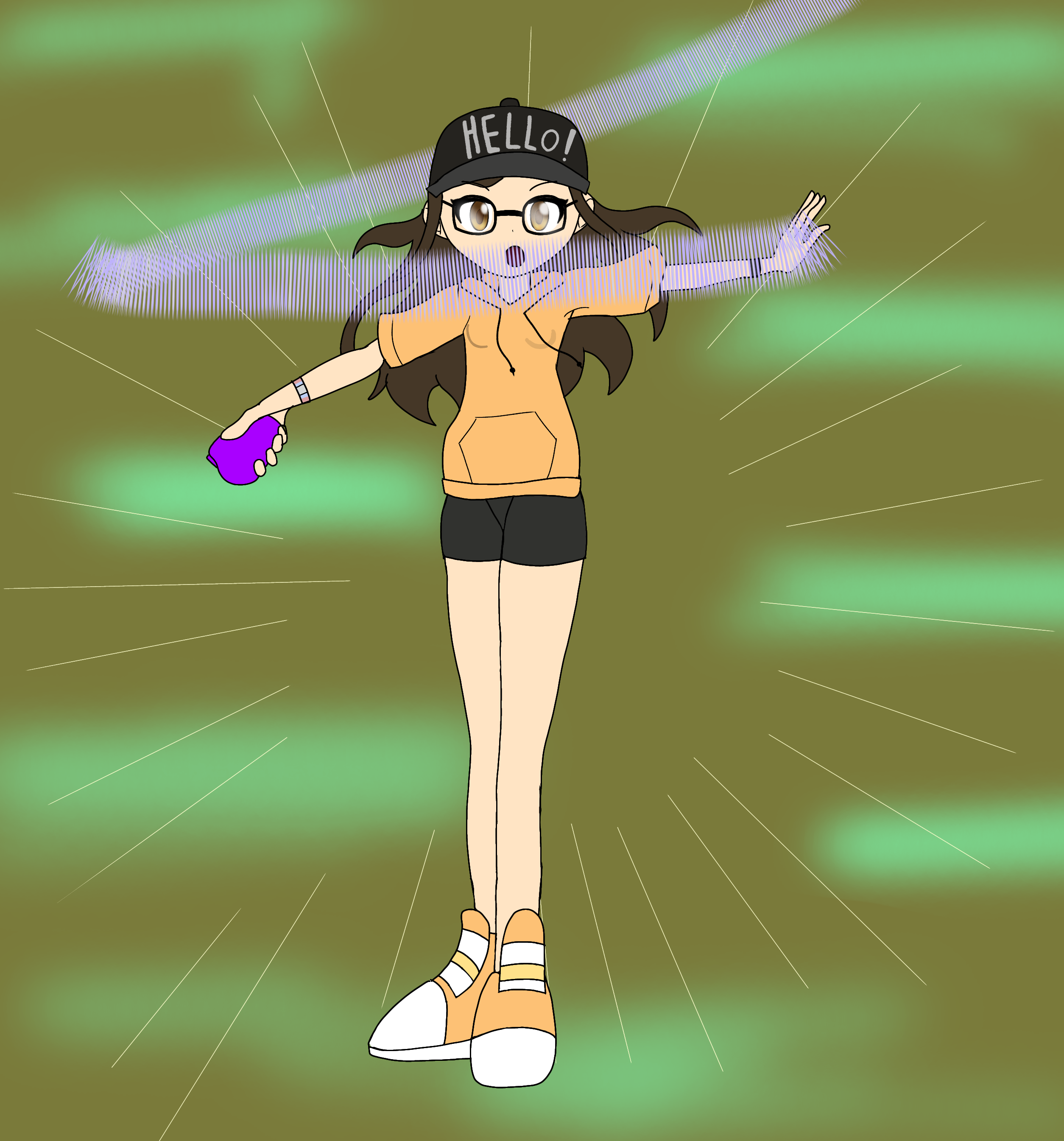 digimon, digimon frontier, original, highres, 1girl, baseball cap, bike shorts, black-framed eyewear, black hat, black shorts, breasts, brown eyes, brown hair, curled fingers, digivice, energy, eyelashes, f20000, facing viewer, female focus, floating hair, full body, glasses, gradient background, hat, henshin, hood, hoodie, legs, legs together, long hair, looking at viewer, matching hair/eyes, open mouth, orange hoodie, outstretched arms, shoes, short shorts, short sleeves, shorts, sidelocks, small breasts, sneakers, spirit evolution, standing, thighs, wristband