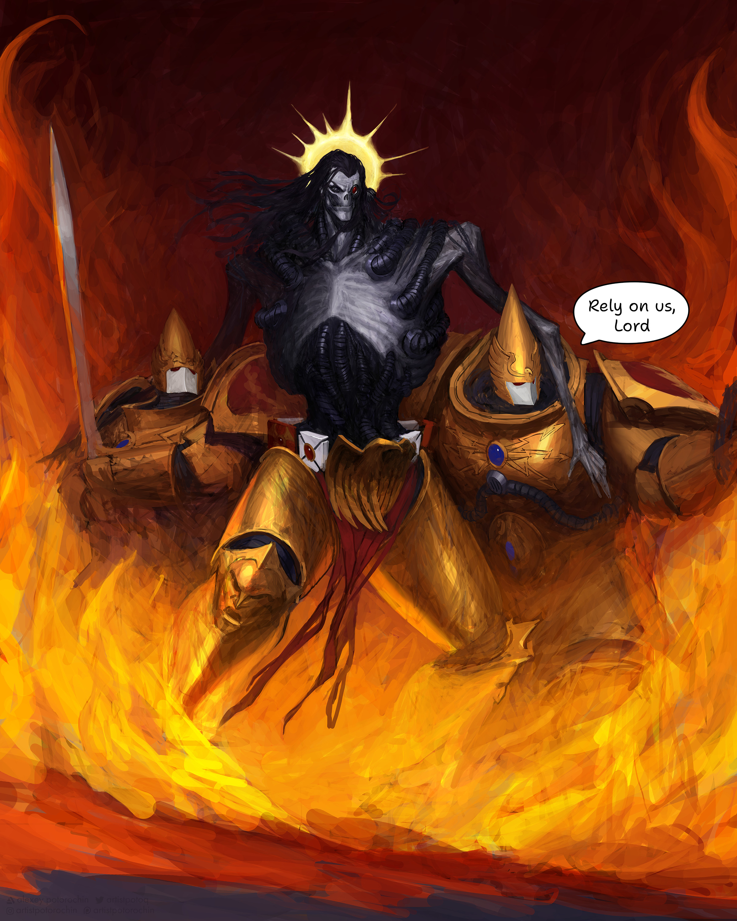 potoq, adeptus custodes, emperor of mankind, warhammer 40k, absurdres, highres, 3boys, arm around shoulder, armor, artificial eye, black eyes, black hair, blue gemstone, chest jewel, emaciated, english text, fire, gem, glowing, glowing halo, gold armor, gold halo, guard, halo, holding, holding sword, holding weapon, leaning on person, long hair, mechanical eye, multiple boys, ornate armor, pale skin, pauldrons, pelvic curtain, power armor, red gemstone, shoulder armor, skinny, speech bubble, sword, topless male, tube, weapon, widow's peak