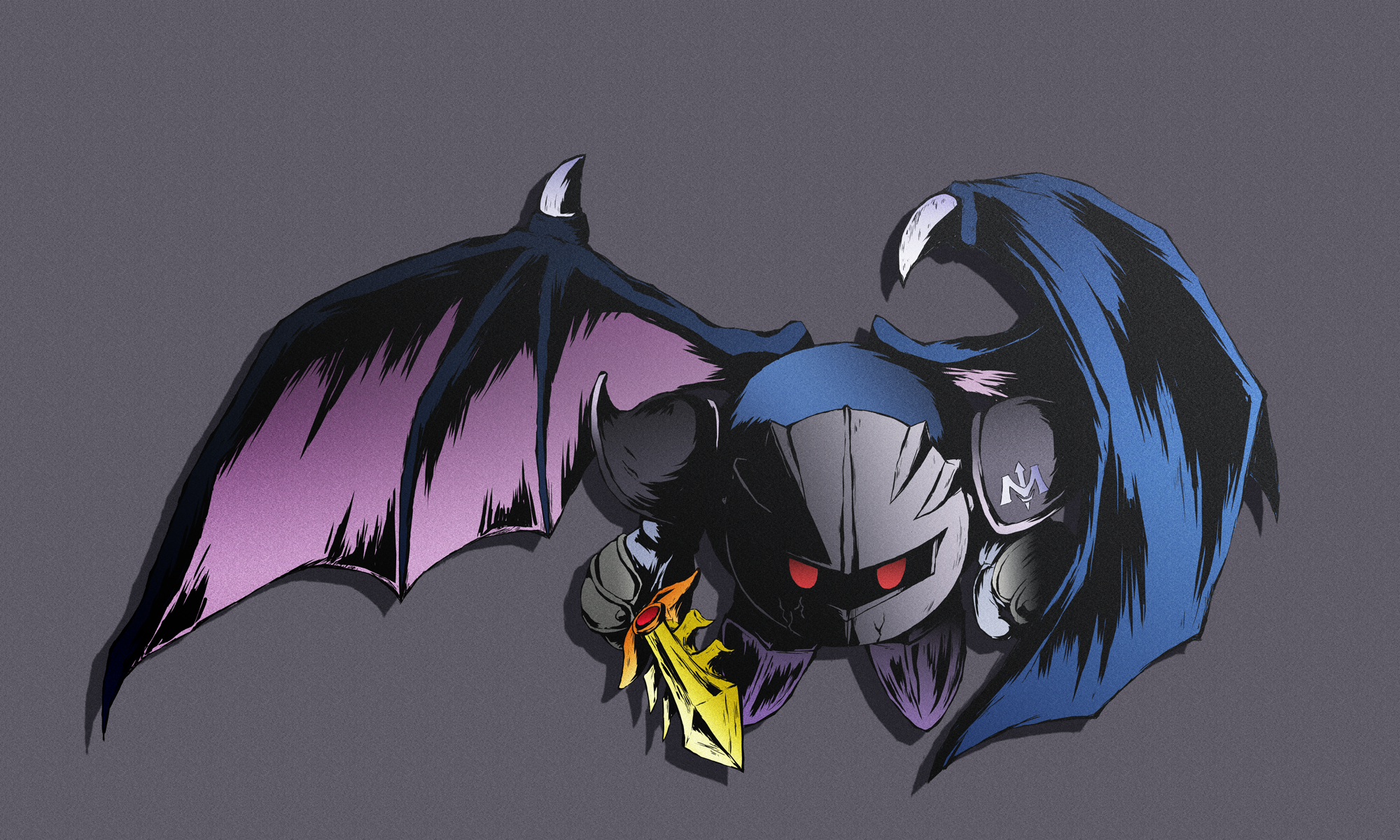 missou shiro, meta knight, kirby (series), nintendo, commentary request, highres, armor, cracked mask, full body, gloves, grey background, holding, holding sword, holding weapon, mask, no humans, red eyes, shoulder armor, simple background, solo, sword, weapon, wings