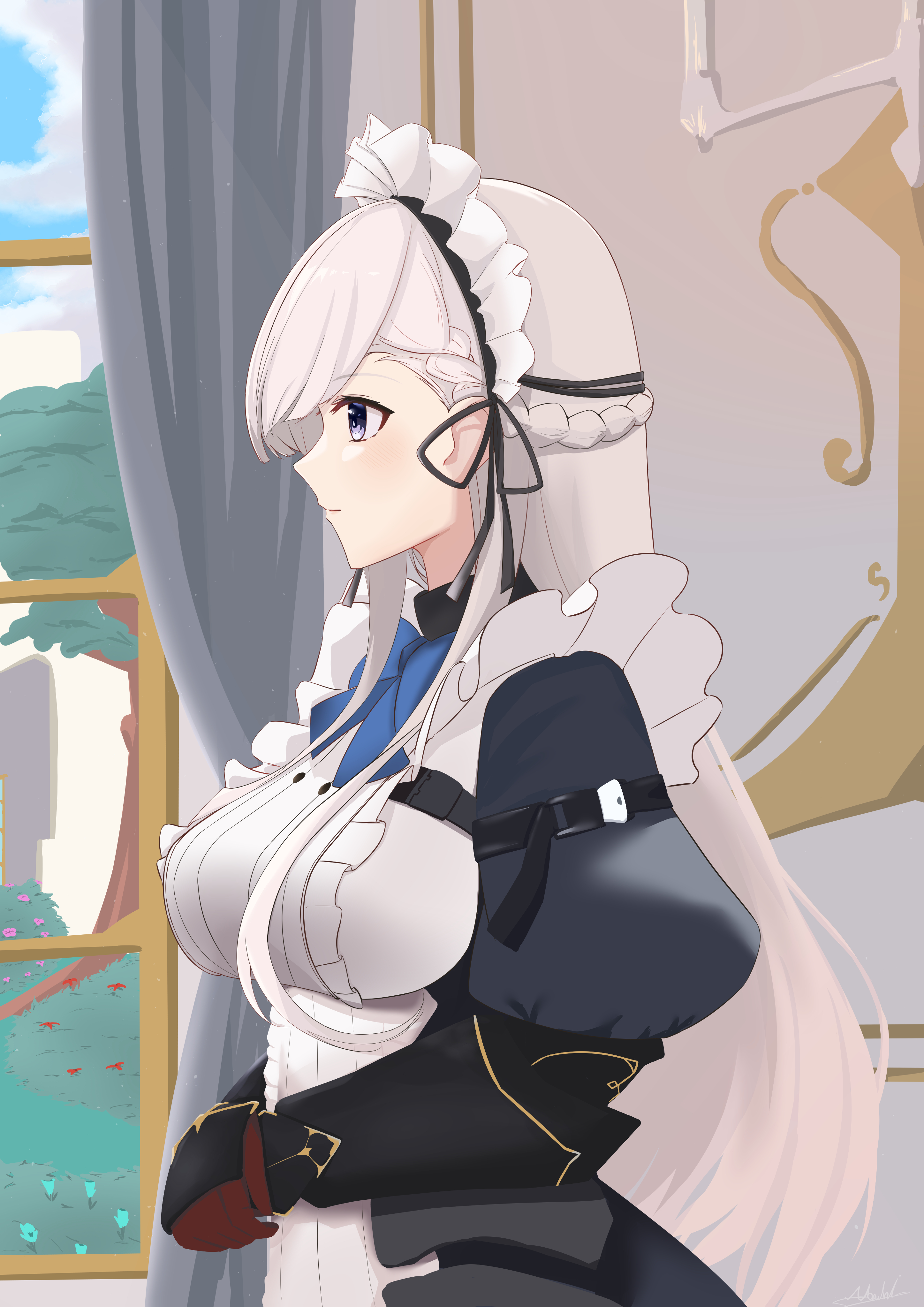 belfast (azur lane), belfast (serene steel) (azur lane), azur lane, absurdres, highres, 1girl, adominly19f, apron, black dress, black gauntlets, braid, breasts, curtains, dress, frilled apron, frills, from side, half up braid, indoors, large breasts, long hair, long sleeves, maid apron, maid headdress, official alternate costume, puffy long sleeves, puffy sleeves, purple eyes, solo, tree, white apron, white hair, window
