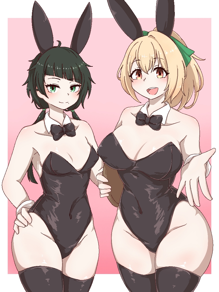 gemini hanpen, takanashi yuzu, cinderella series, hachigatsu no cinderella nine, 2girls, animal ear hairband, animal ears, black bow, black thighhighs, blonde hair, blunt bangs, bow, bowtie, breasts, cleavage, closed mouth, collarbone, cowboy shot, fake animal ears, green eyes, green hair, green ribbon, groin, hair between eyes, hair ornament, hair ribbon, hairband, lihua lin, long hair, looking at viewer, medium breasts, multiple girls, open mouth, pink background, playboy bunny, ponytail, rabbit ear hairband, rabbit ears, ribbon, simple background, small breasts, standing, teeth, thighhighs, twintails, upper body, upper teeth only
