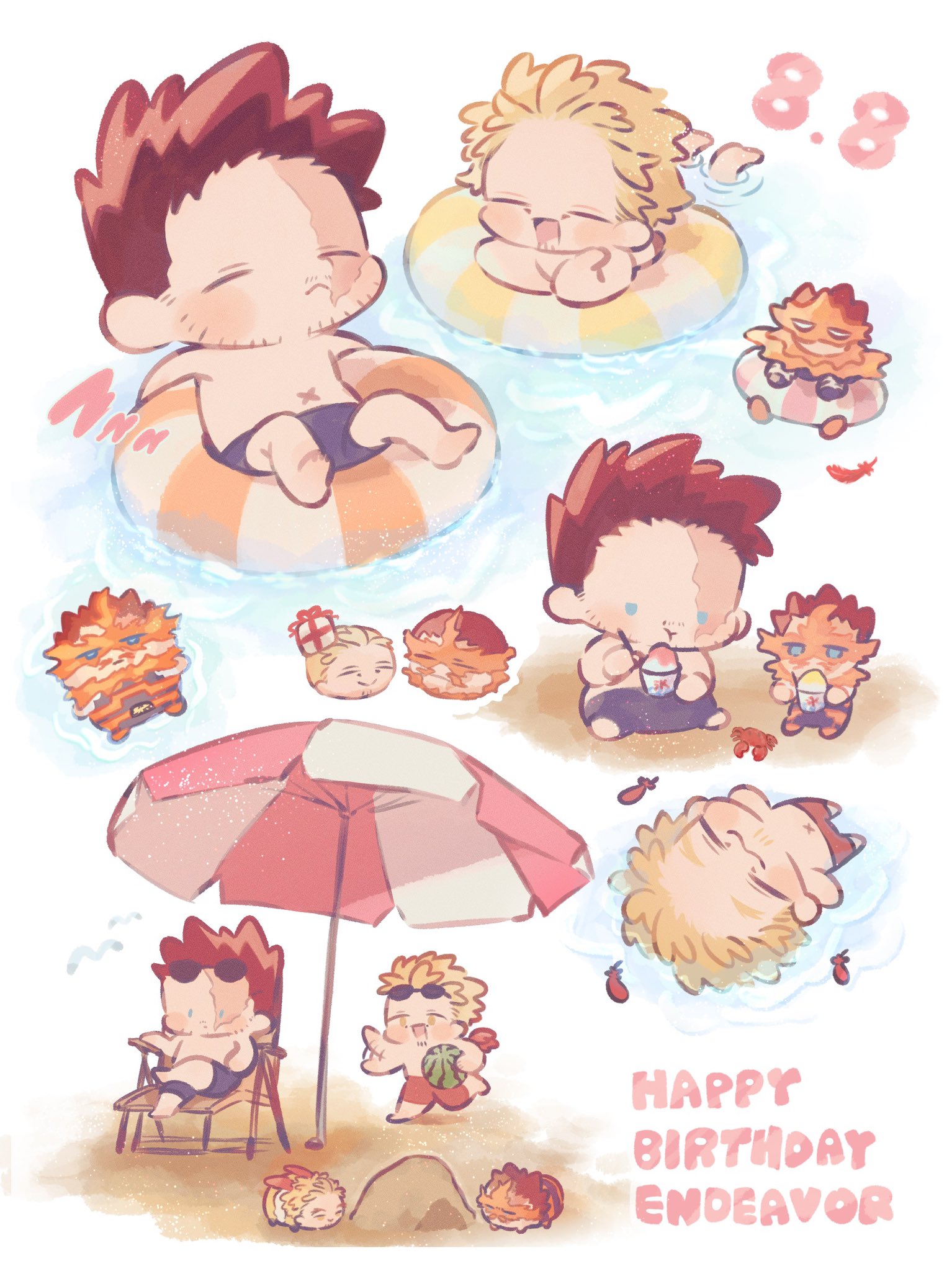 endeavor (boku no hero academia), hawks (boku no hero academia), boku no hero academia, commentary request, highres, 2boys, blonde hair, blue eyes, blue male swimwear, character name, chibi, closed eyes, dated, facial hair, feathers, fire, food, fruit, goatee stubble, happy birthday, holding, holding food, holding fruit, holding watermelon, lying, male focus, male swimwear, mentosucyan, multiple boys, mustache stubble, on back, open mouth, pyrokinesis, red hair, red wings, scar, scar on face, shaved ice, short hair, sitting, sparse stubble, stubble, topless male, umbrella, watermelon, wings, x navel