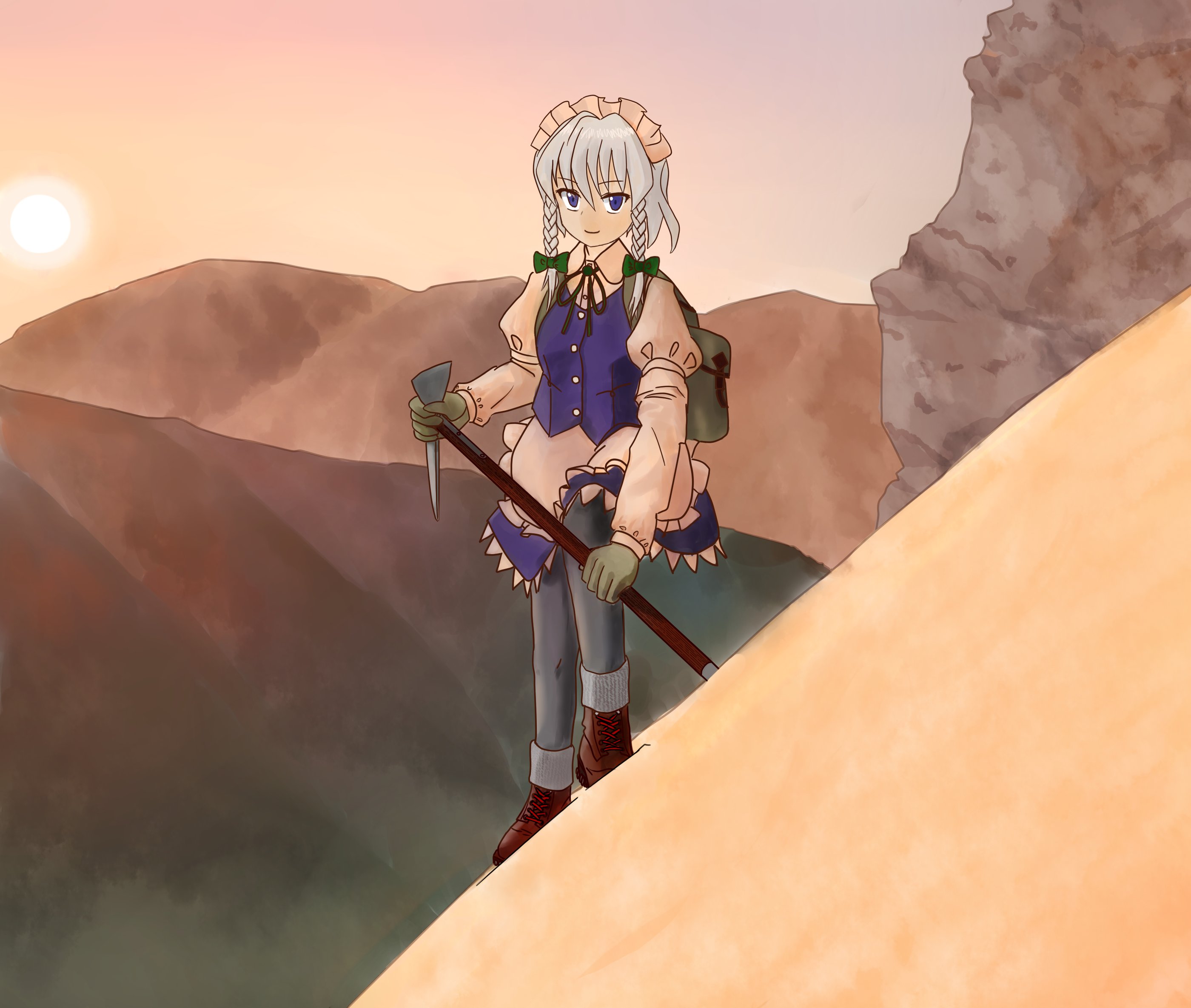 miikkadd, izayoi sakuya, touhou, highres, 1girl, blue eyes, braid, cliff, gloves, holding mattock, looking at viewer, maid headdress, mattock, snow, solo, sunrise, twin braids, white hair
