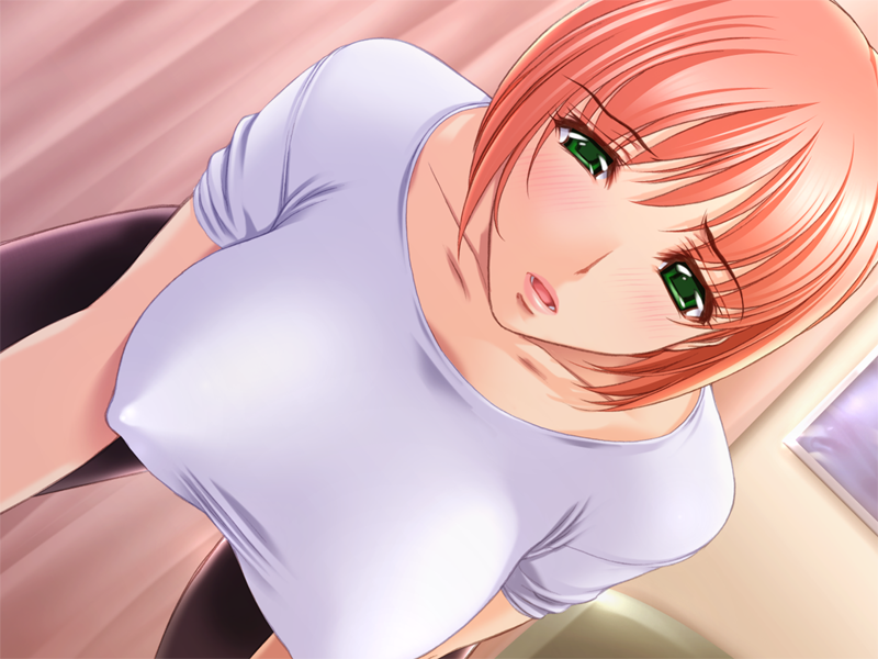 sano toshihide, hiiragi mia, tsuma to mama to boin, game cg, 00s, 1girl, bent over, blush, breasts, covered erect nipples, female focus, green eyes, hanging breasts, large breasts, open mouth, orange hair, short hair, solo